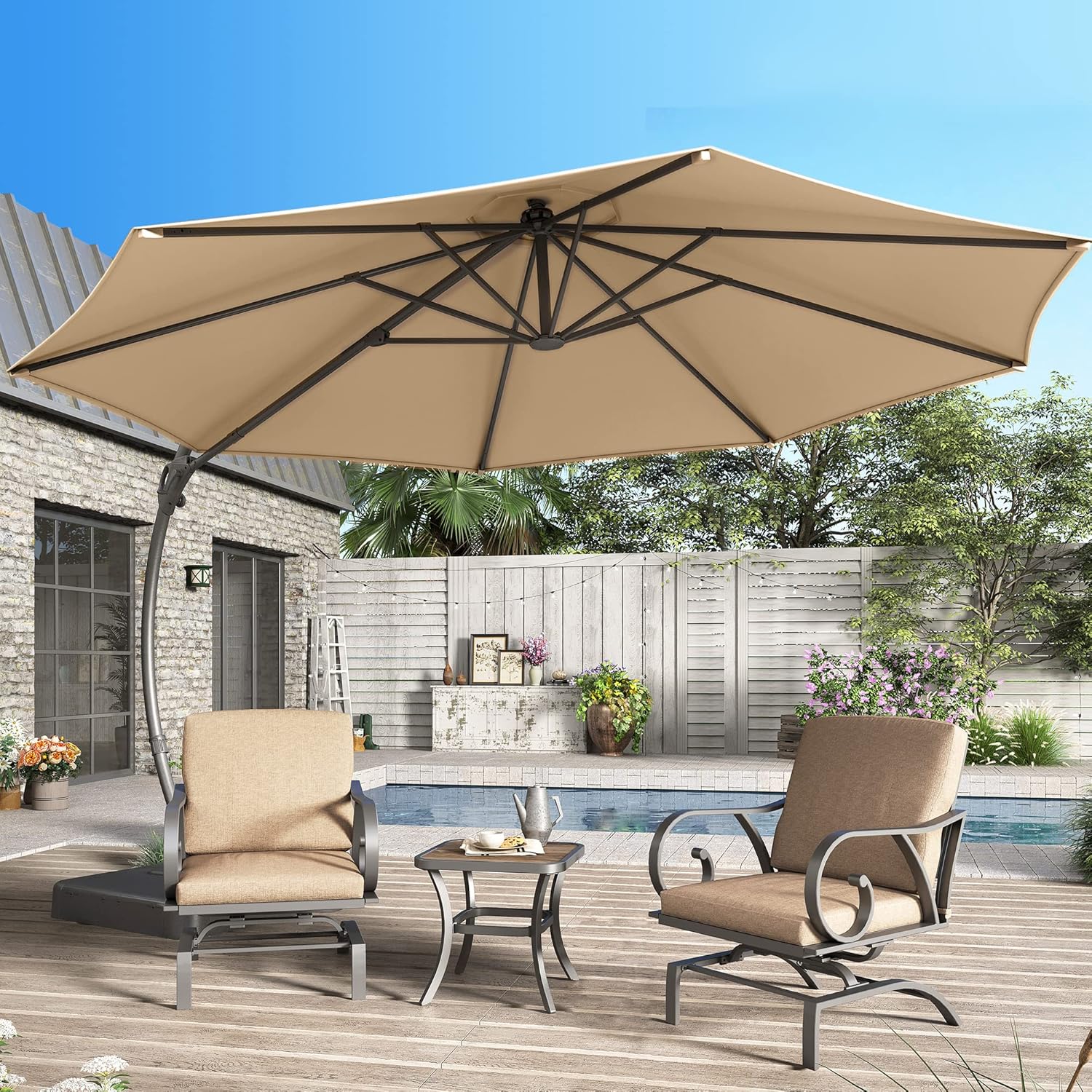 LAUSAINT HOME Outdoor Patio Umbrella with Base Included, Large Sun Shade Cantilever Umbrella Deluxe Curvy