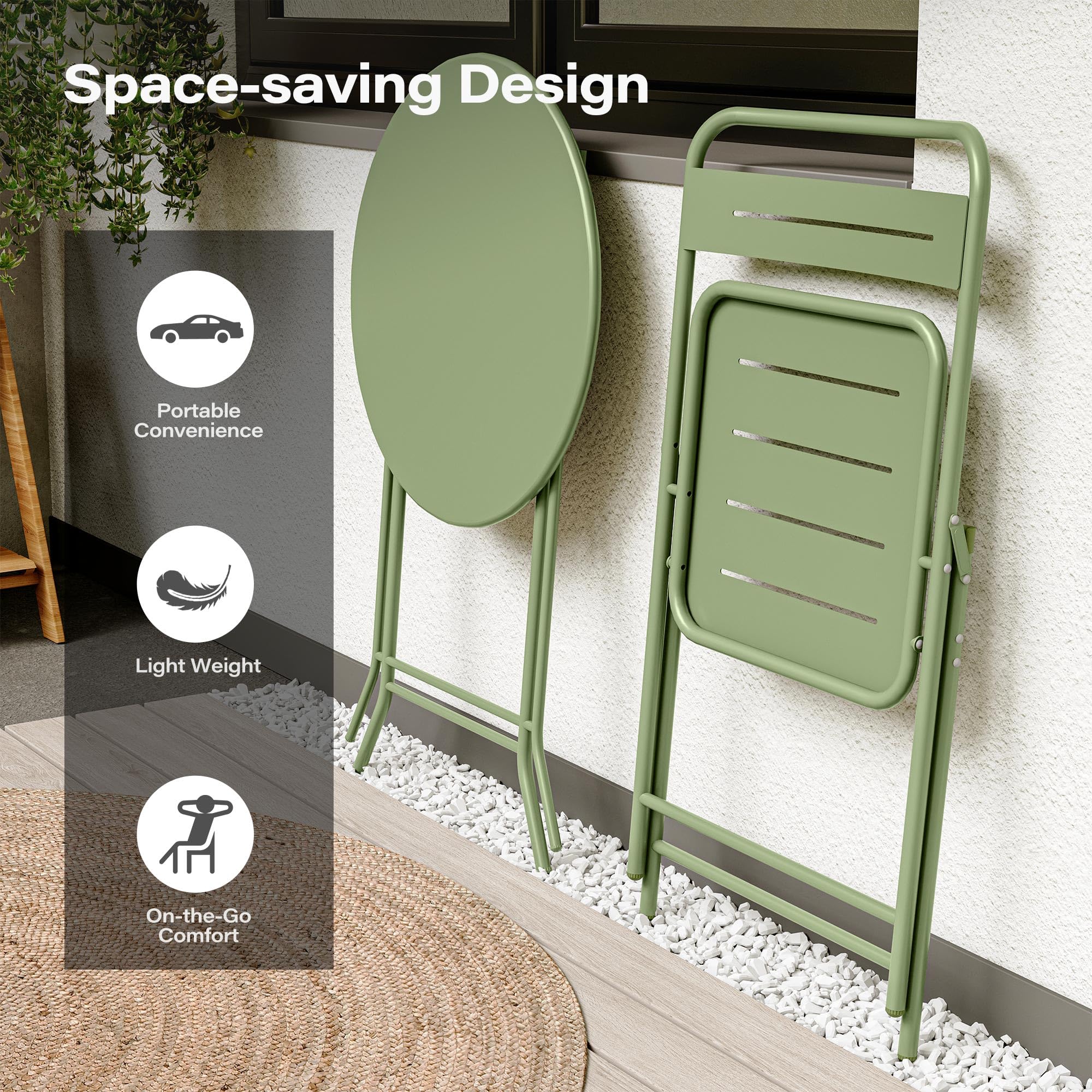 LAUSAINT HOME 3-Piece Steel Folding Bistro Set, Premium Weather-Resistant Patio Table & Chairs