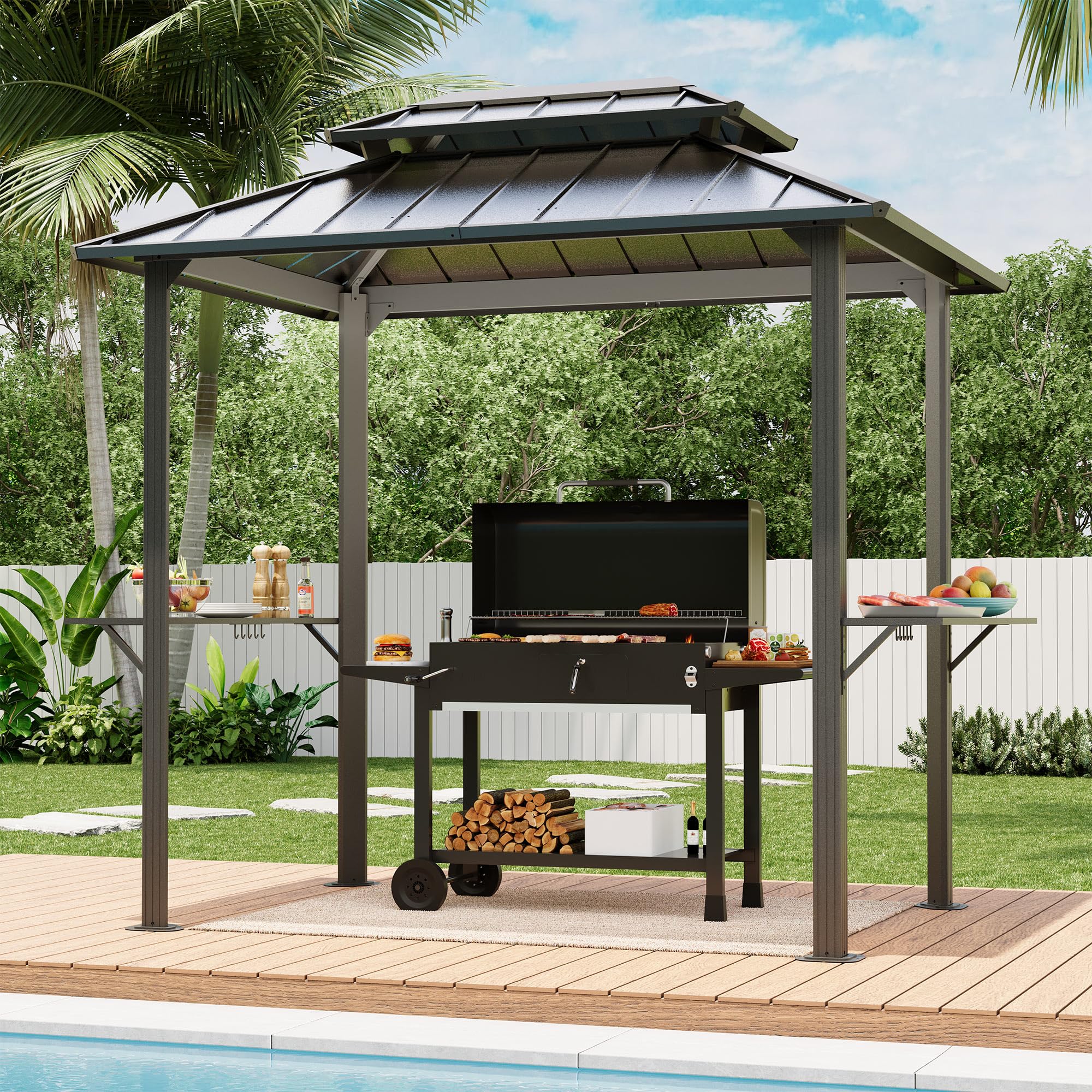 LAUSAINT HOME 8x6 ft Hardtop Double Roof Grill Gazebo, Black