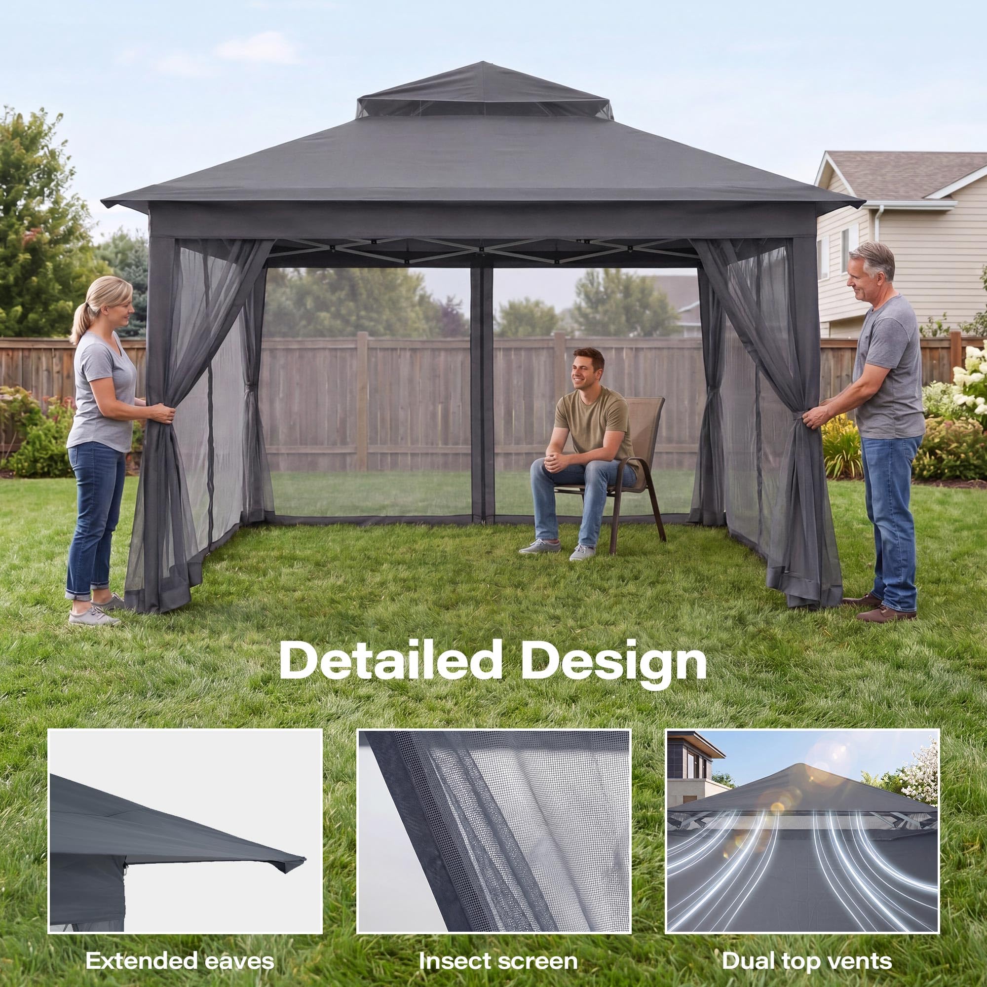 LAUSAINT HOME 11x11 Pop Up Gazebo with Mosquito Netting, Portable Outdoor Gazebo Canopy Tent with Sidewalls, One Push Instant Setup & Adjustable Height for Patio Backyard Party BBQ Deck, Grey