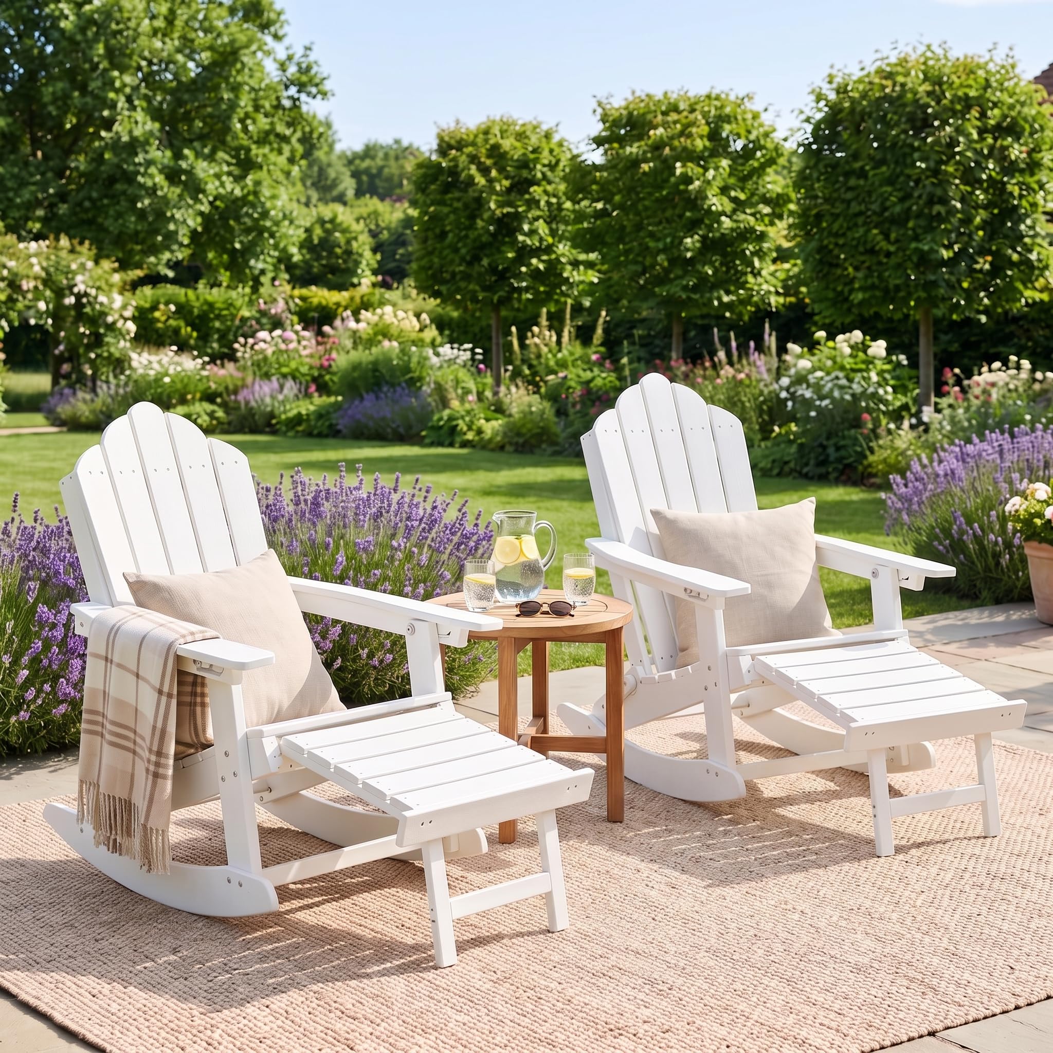 LAUSAINT HOME Folding Adirondack Rocking Chairs Set with Retractable Ottomans, 3-Position Adjustable Backrests and Cup Holders