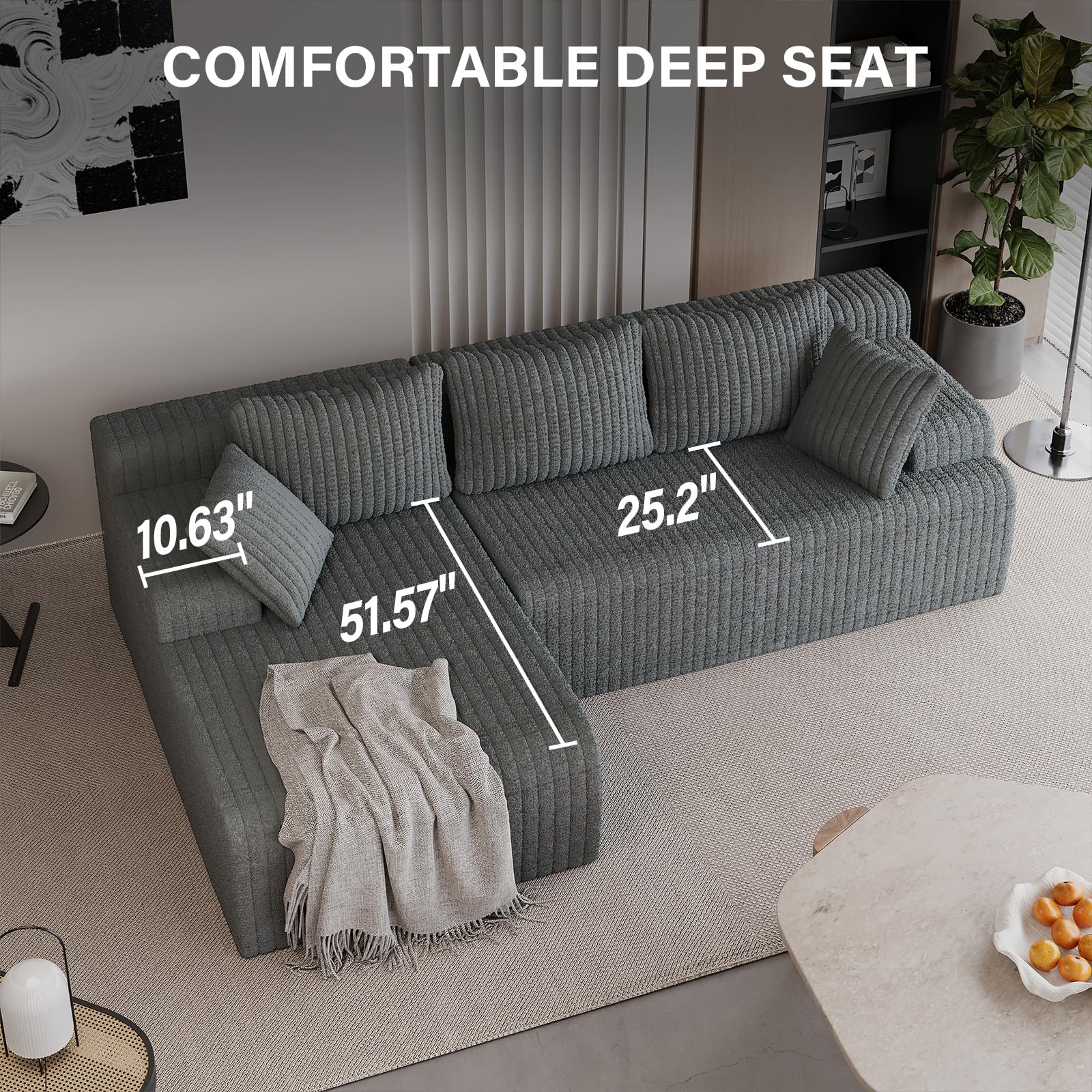 LAUSAINT HOME 96" Modular Sectional Sofa Couches, L-Shaped Boneless Cloud Sofa with 3 Deep Seat