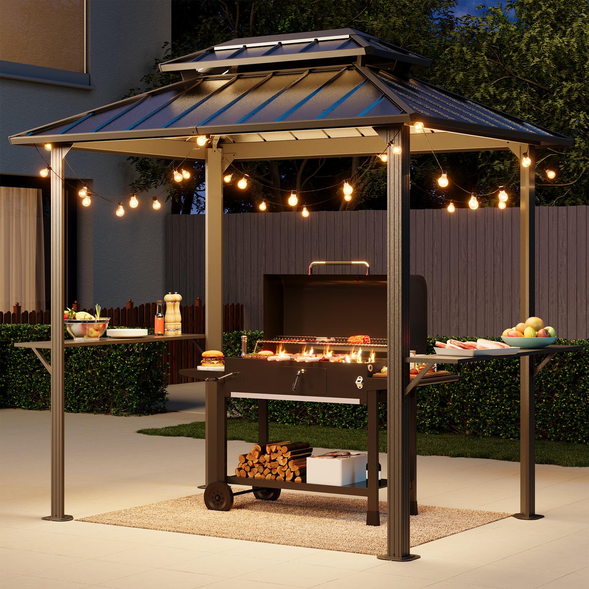 LAUSAINT HOME 8x6 ft Hardtop Double Roof Grill Gazebo, Black