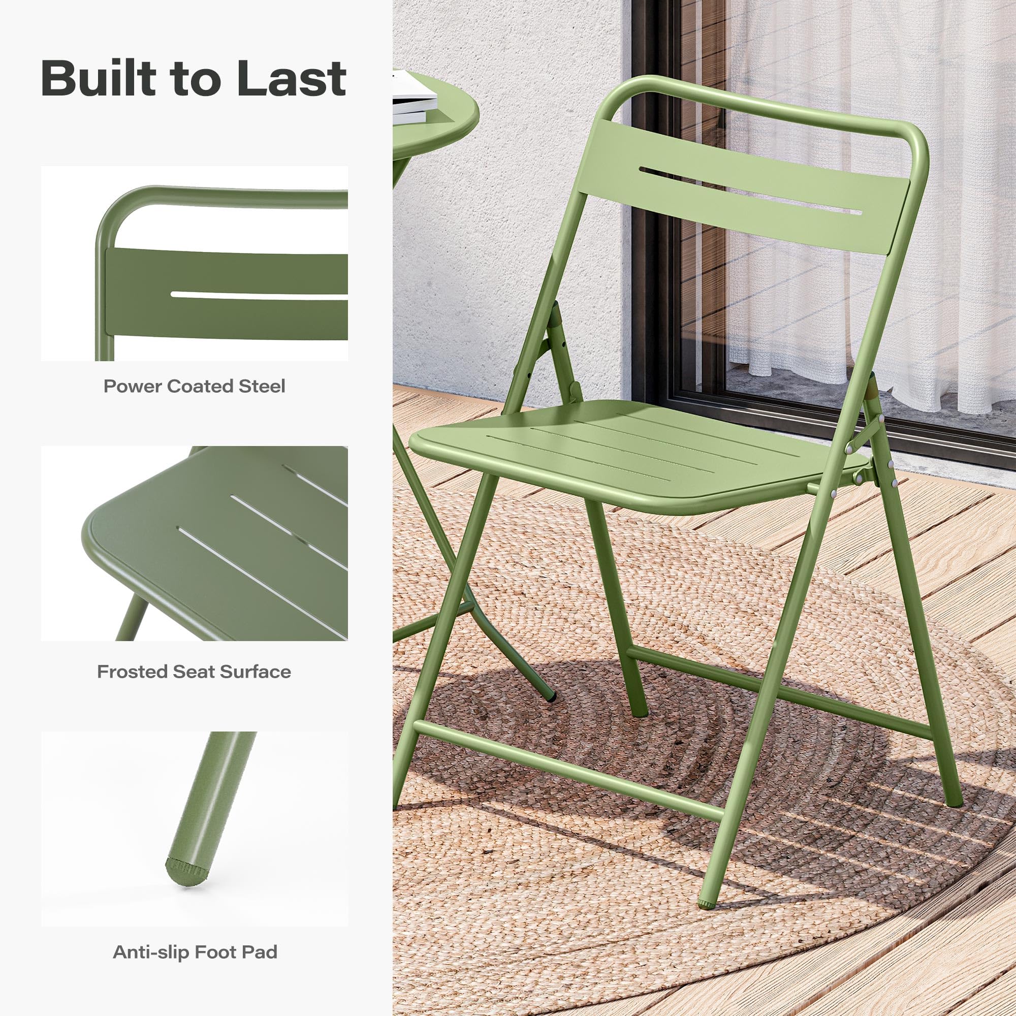 LAUSAINT HOME 3-Piece Steel Folding Bistro Set, Premium Weather-Resistant Patio Table & 2 Chairs