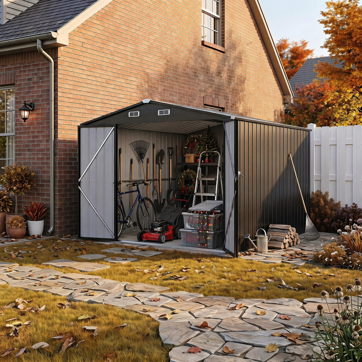 LAUSAINT HOME 8 x 6 FT Outdoor Storage Shed with Window, Galvanized Steel Storage Shed, Double Lockable Doors, Gable Roof & Air Vent for Backyard, Brown