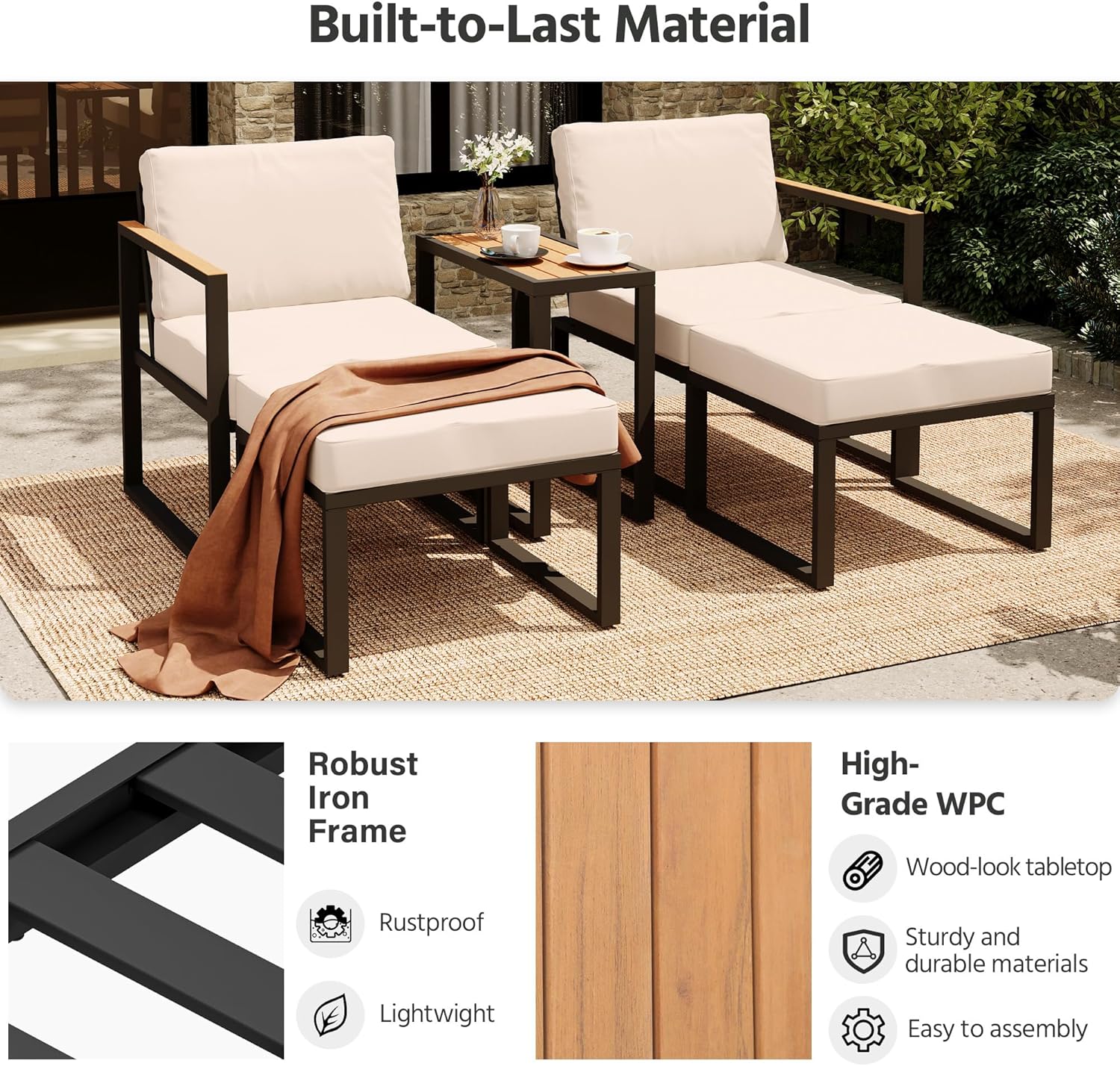 LAUSAINT HOME 5 Pieces Outdoor Conversation Set with Thick Cushions 2 Ottomans&Side Table