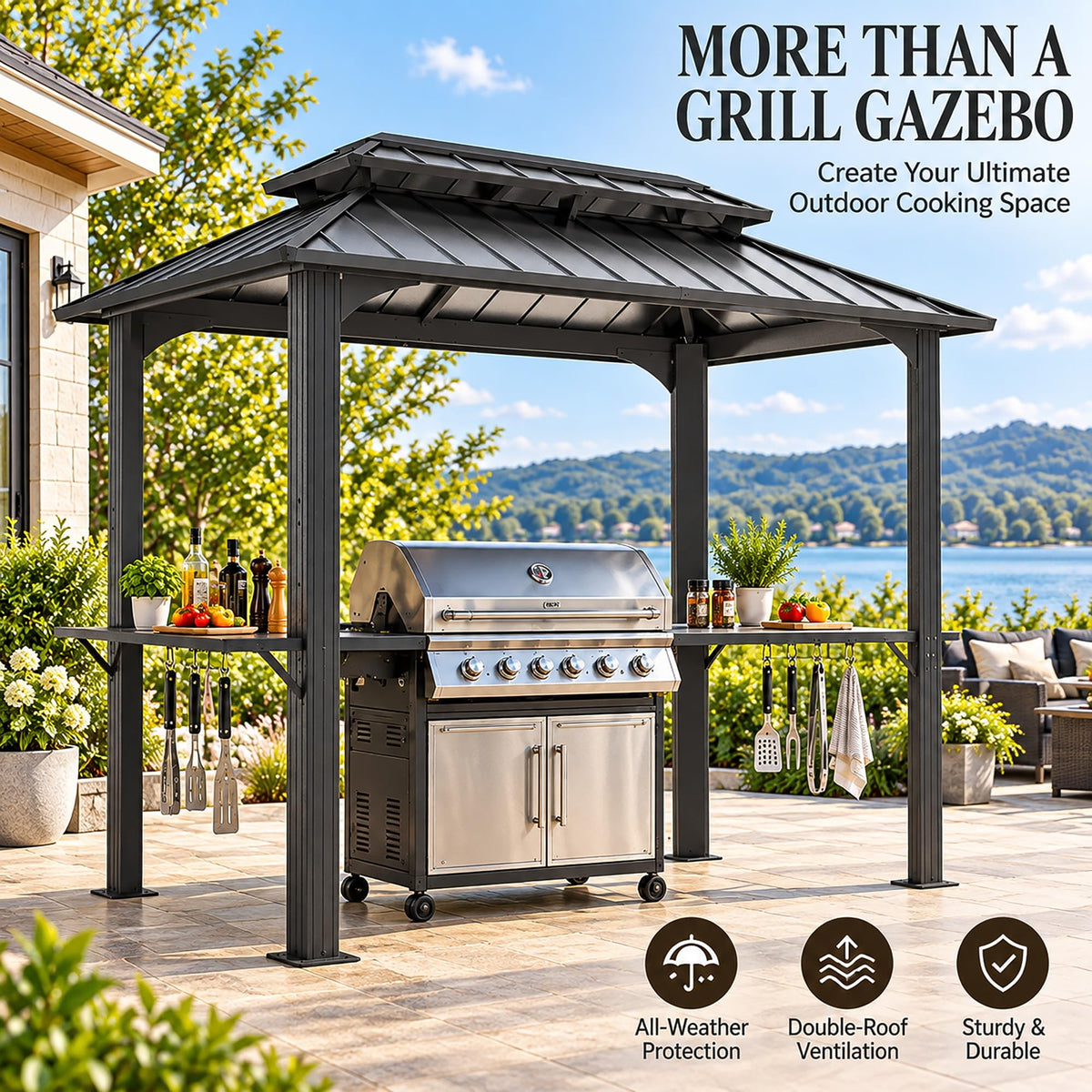 LAUSAINT HOME 5x8 FT Outdoor Grill Gazebo Canopy, BBQ Gazebo with 2-Tier Vented Top, 2 Durable Shelves & Metal Frame Grill ShelterDark Gray