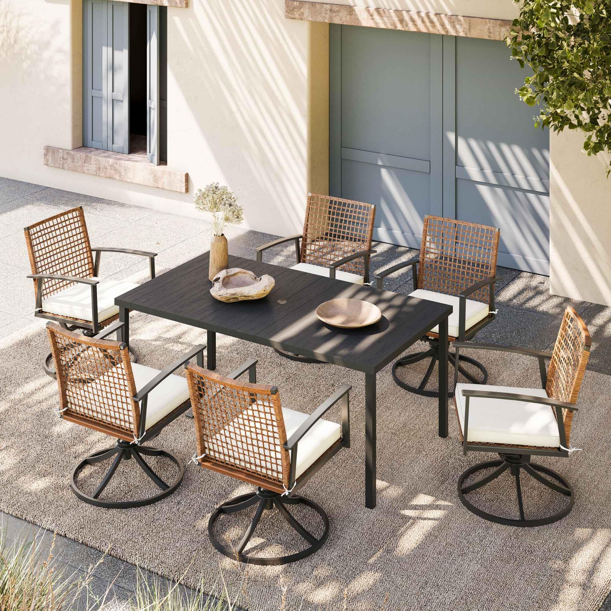 LAUSAINT HOME 7 Pieces Patio Dining Set, Outdoor Furniture Set of 6 Wicker Chairs (2 of Them Swivel) with Soft Cushion and Iron Slats Table Top with Umbrella Hole, Conversation Set for Backyard