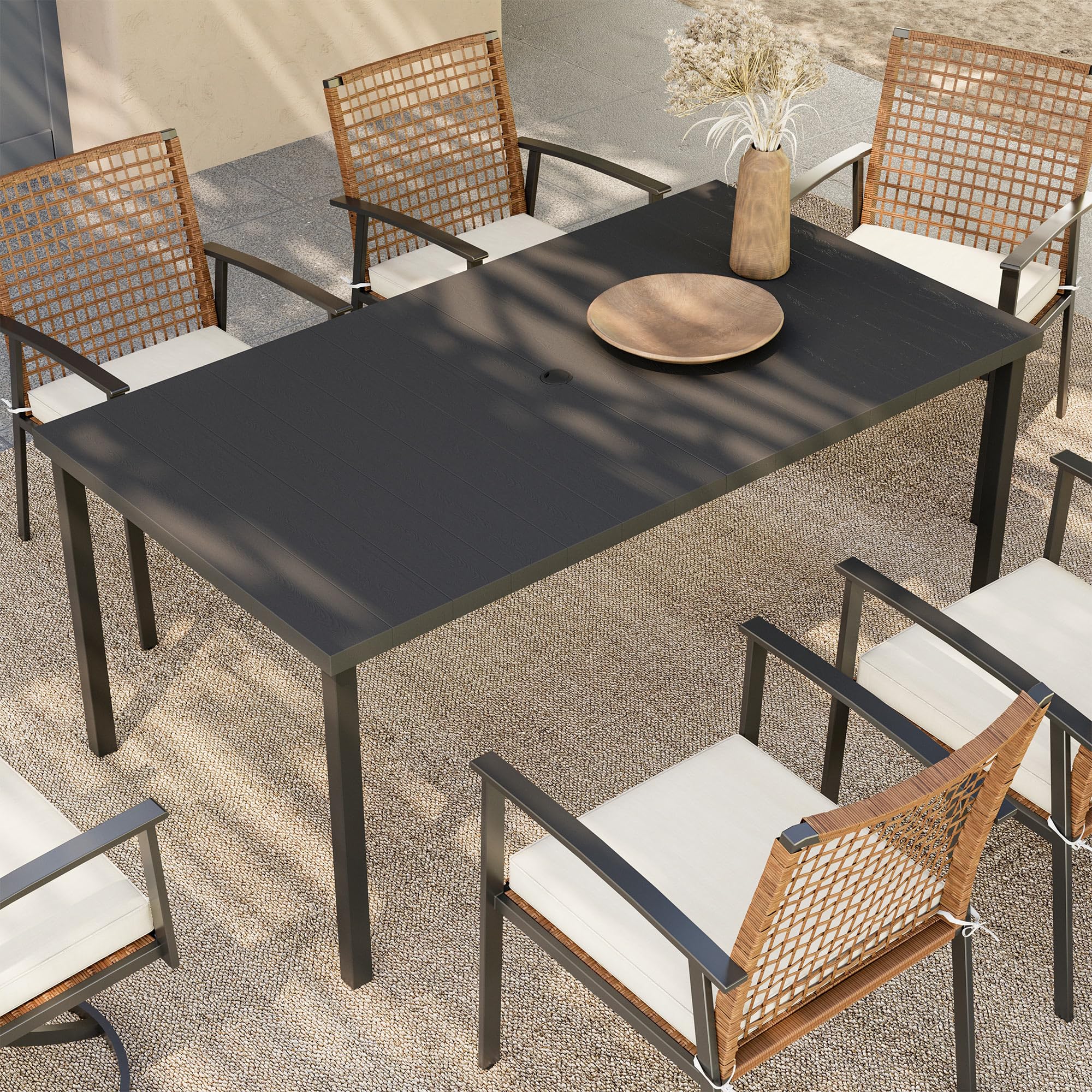 LAUSAINT HOME Outdoor Dining Table with Umbrella Hole, Weather Resistant Heavy Duty Metal Frame Table
