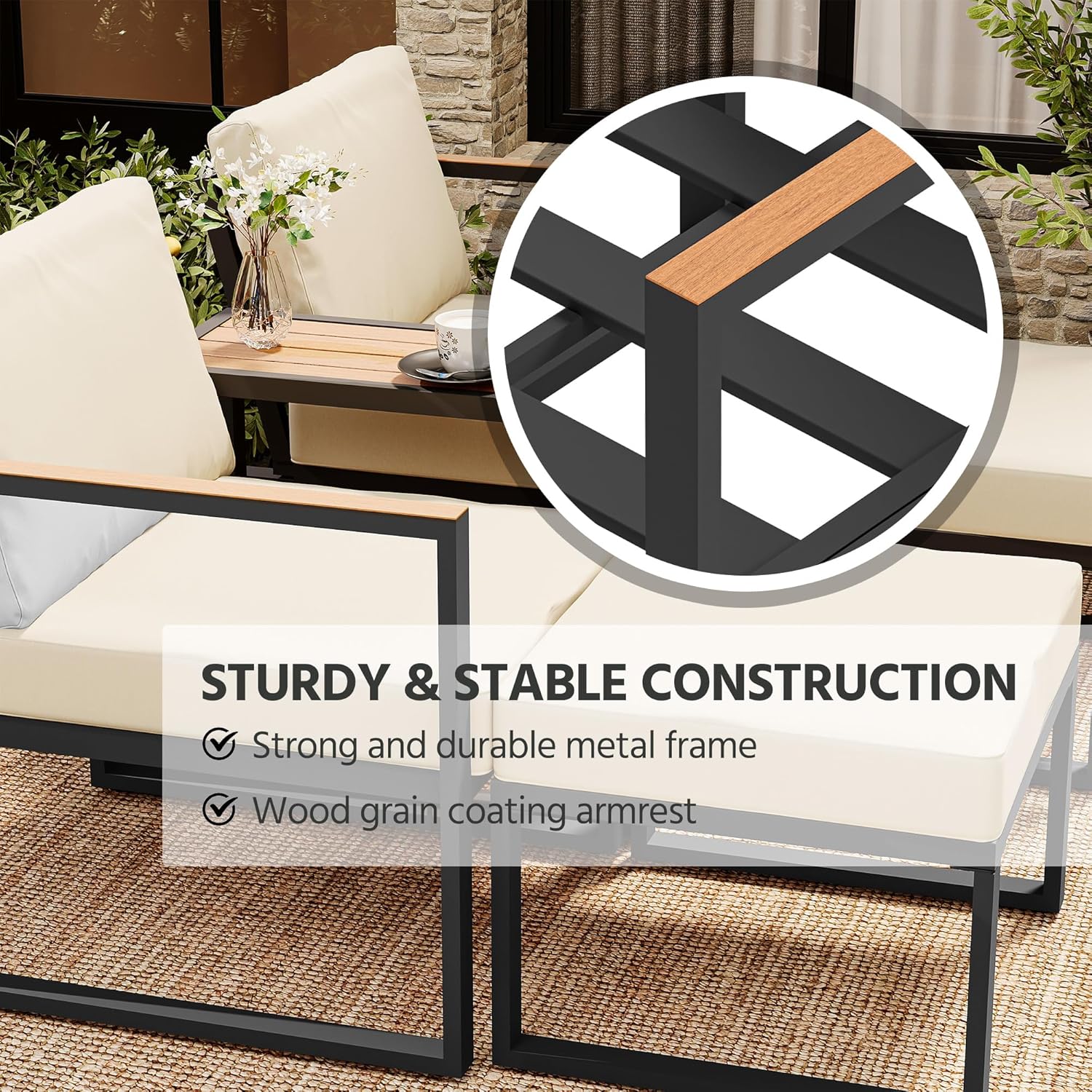 LAUSAINT HOME 5 Pieces Outdoor Conversation Set with Thick Cushions 2 Ottomans&Side Table