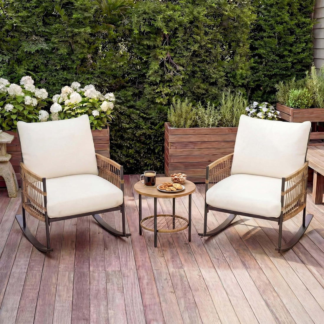 LAUSAINT HOME 3-Piece Patio Rocking Chairs Set, Outdoor PE Wicker Patio Furniture with Thick Cushions