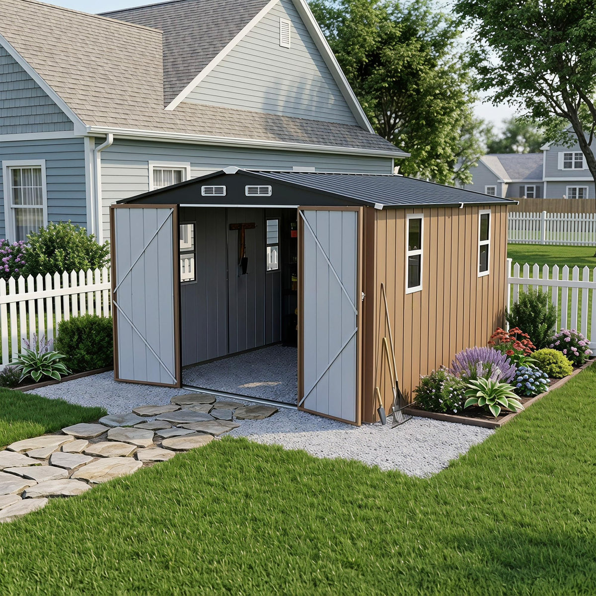 LAUSAINT HOME 10 x 3 FT 2-in-1 Metal Outdoor Storage Shed with Hardtop Gazebo, Lockable Galvanized Steel Lean-to Tool Shed with Sloped Roof, Black