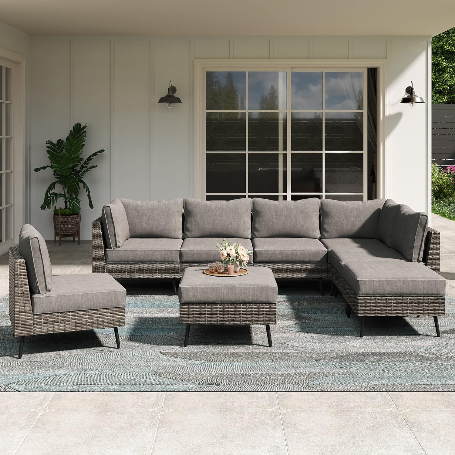 LAUSAINT HOME Outdoor Patio Furniture, 8 Piece Outdoor Sectional Sofa PE Rattan Wicker Patio Conversation Sets