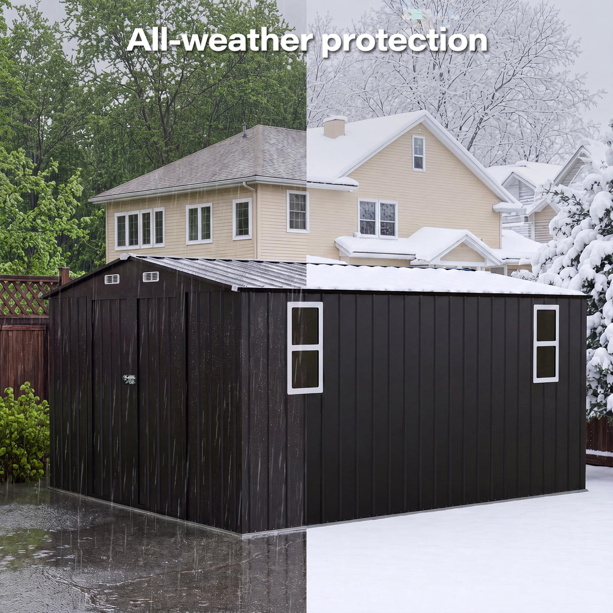 LAUSAINT HOME 8 x 6 FT Outdoor Storage Shed with Window, Galvanized Steel Storage Shed, Double Lockable Doors, Gable Roof & Air Vent for Backyard, Brown