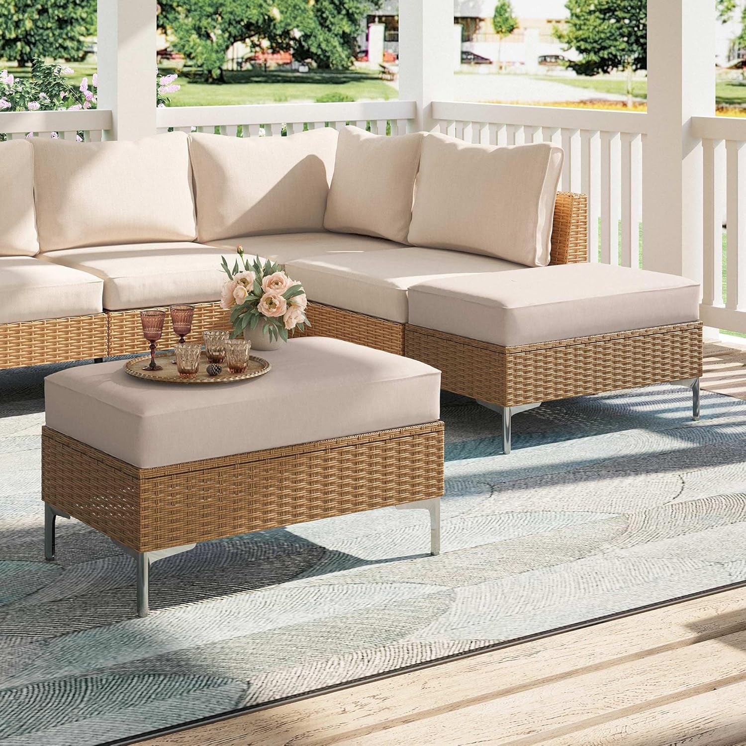 LAUSAINT HOME 2 Pieces Outdoor Patio Ottoman Set with Large 5-Inch Beige Cushions