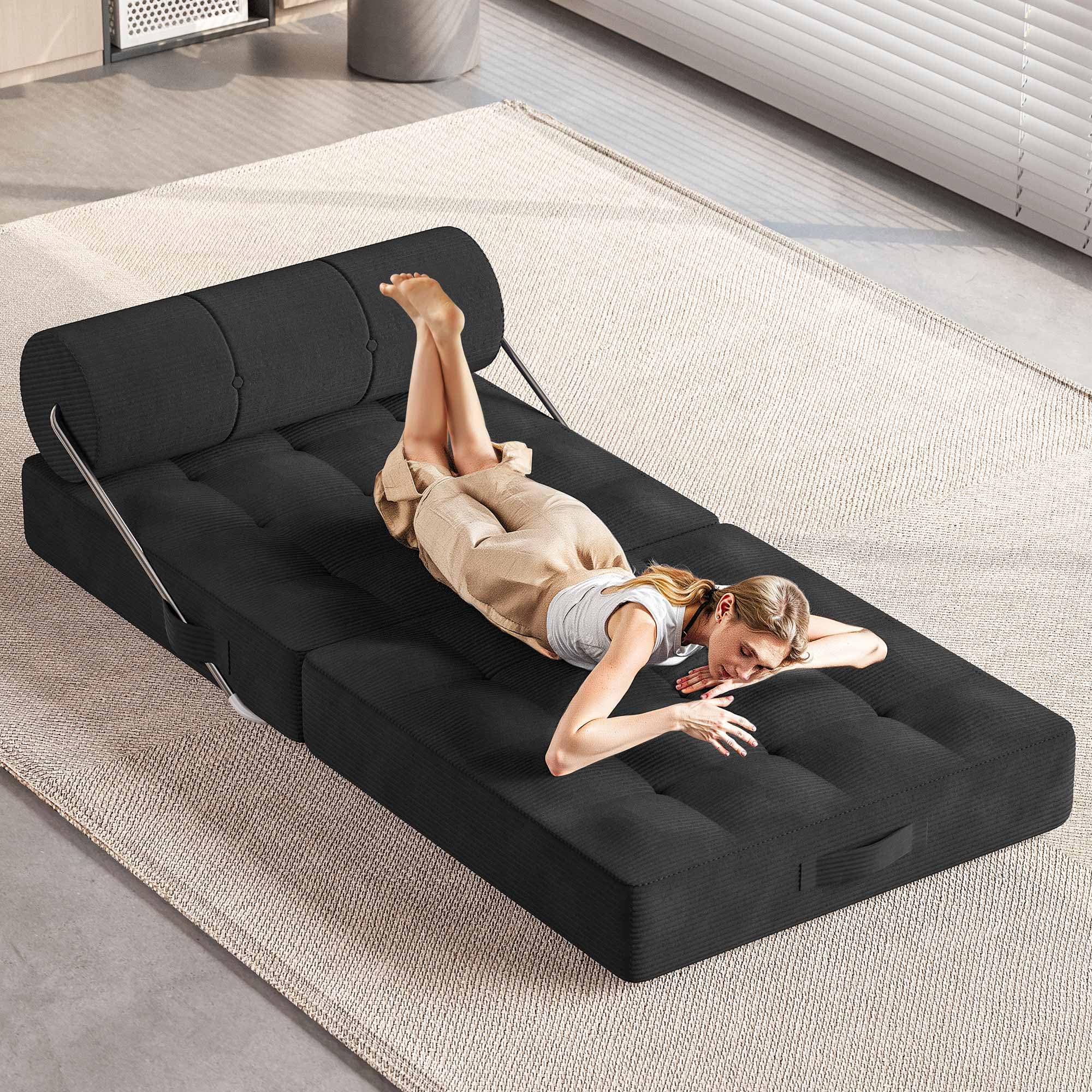 LAUSAINT HOME Folding Sofa Bed, 4 in 1 Convertible Sleeper Chair with High-Density Foam & Pillow, Portable Comfy Folding Chair Bed Floor Lounge for Living Room and Bedroom, Black