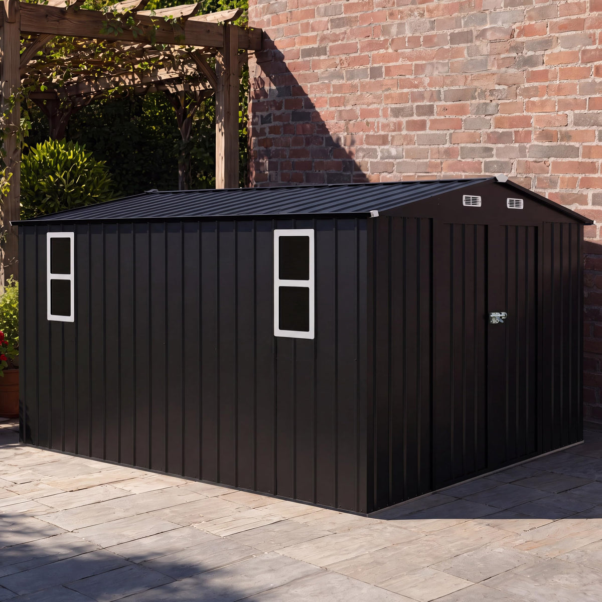 LAUSAINT HOME 10 x 3 FT 2-in-1 Metal Outdoor Storage Shed with Hardtop Gazebo, Lockable Galvanized Steel Lean-to Tool Shed with Sloped Roof, Black