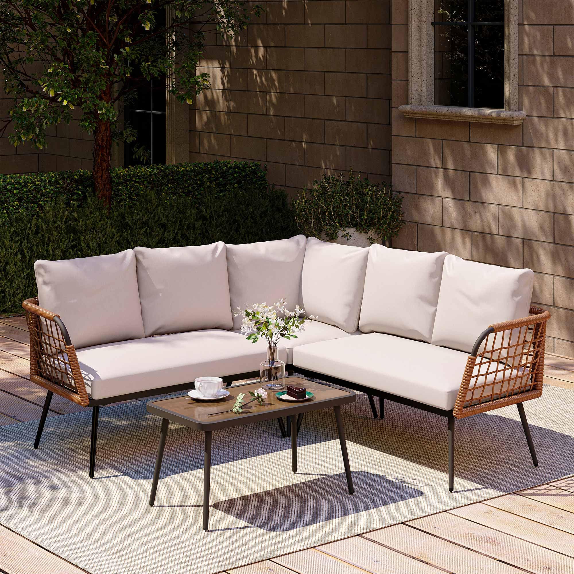 LAUSAINT HOME L-Shaped Outdoor Furniture Set, Wicker Rattan Patio Sectional