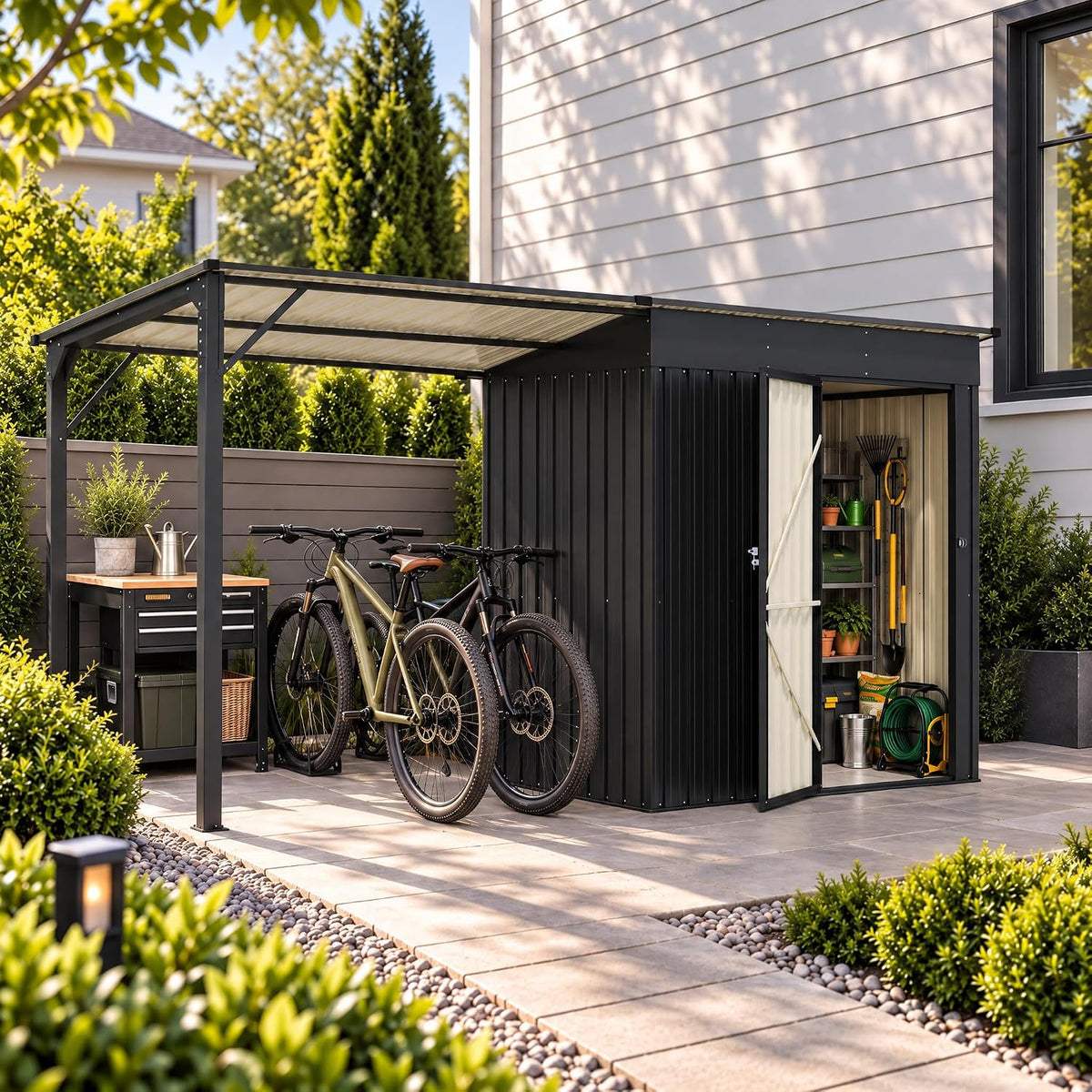 LAUSAINT HOME 10 x 3 FT 2-in-1 Metal Outdoor Storage Shed with Hardtop Gazebo, Lockable Galvanized Steel Lean-to Tool Shed with Sloped Roof, Black