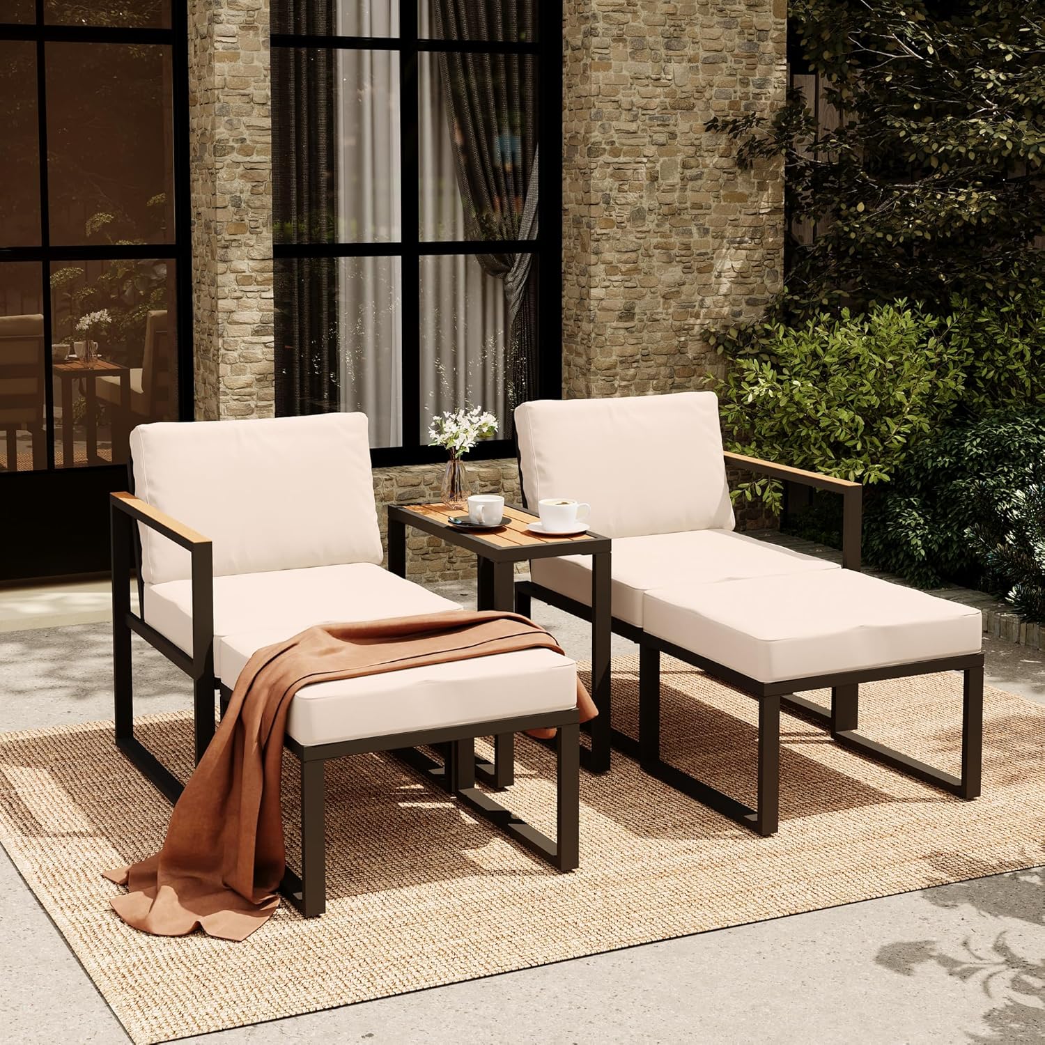 LAUSAINT HOME 5 Pieces Outdoor Conversation Set with Thick Cushions 2 Ottomans&Side Table