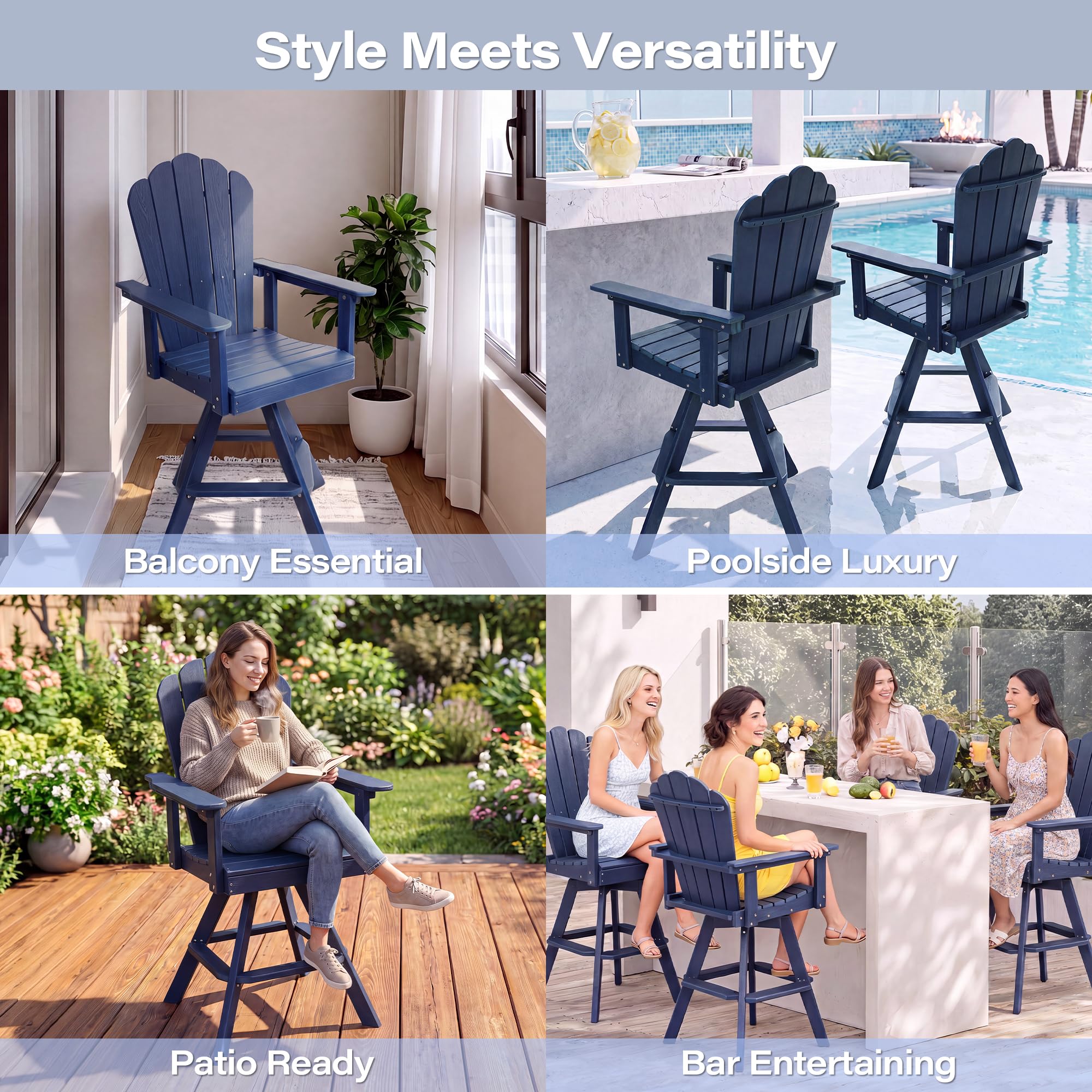 LAUSAINT HOME Swivel Adirondack Bar Chair, Weatherproof Patio HDPE Chairs, Outdoor Bar Height Outdoor Balcony Furniture Set, 360° Rotating Bistro Stools for Garden, Lawn, Poolside, Navy Blue