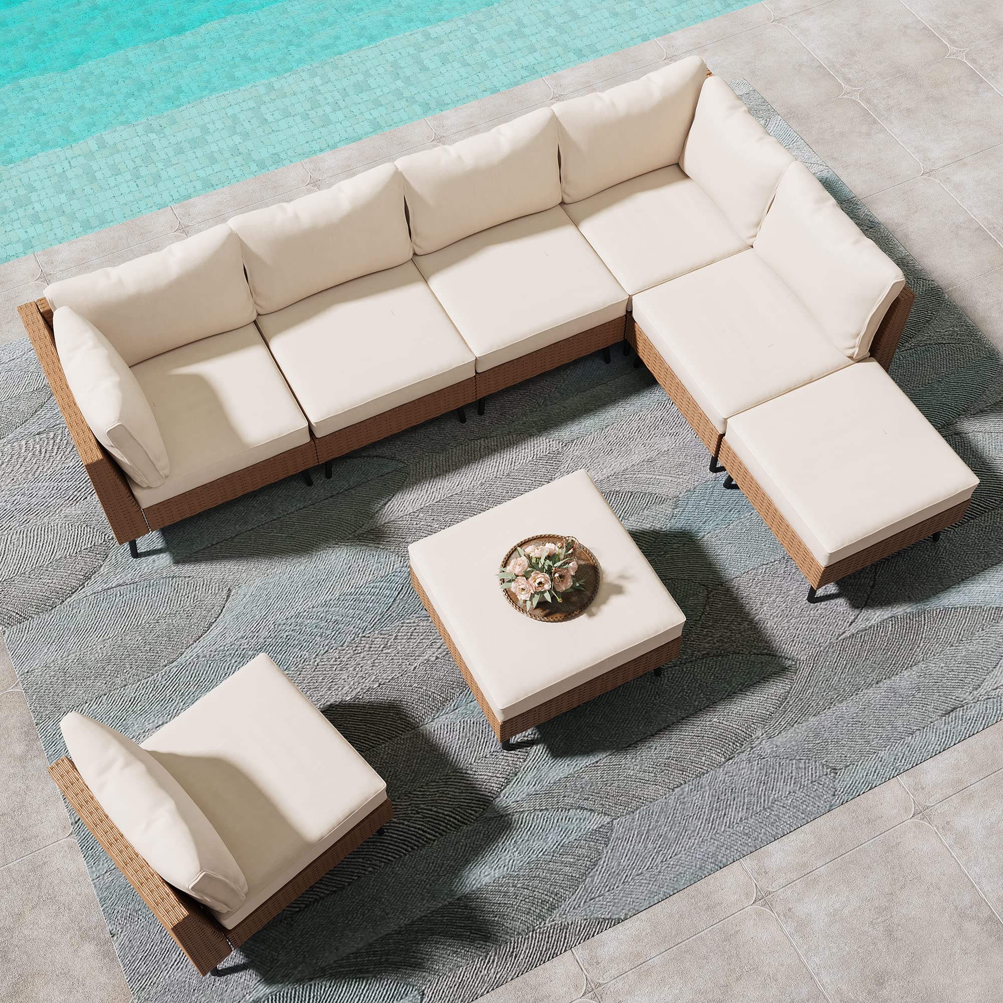 LAUSAINT HOME Outdoor Patio Furniture, 6 Piece Outdoor Sectional Sofa PE Rattan Wicker Patio Conversation Sets, All Weather Patio Furniture Set with Thick Cushions for Garden, Backyard(Beige)