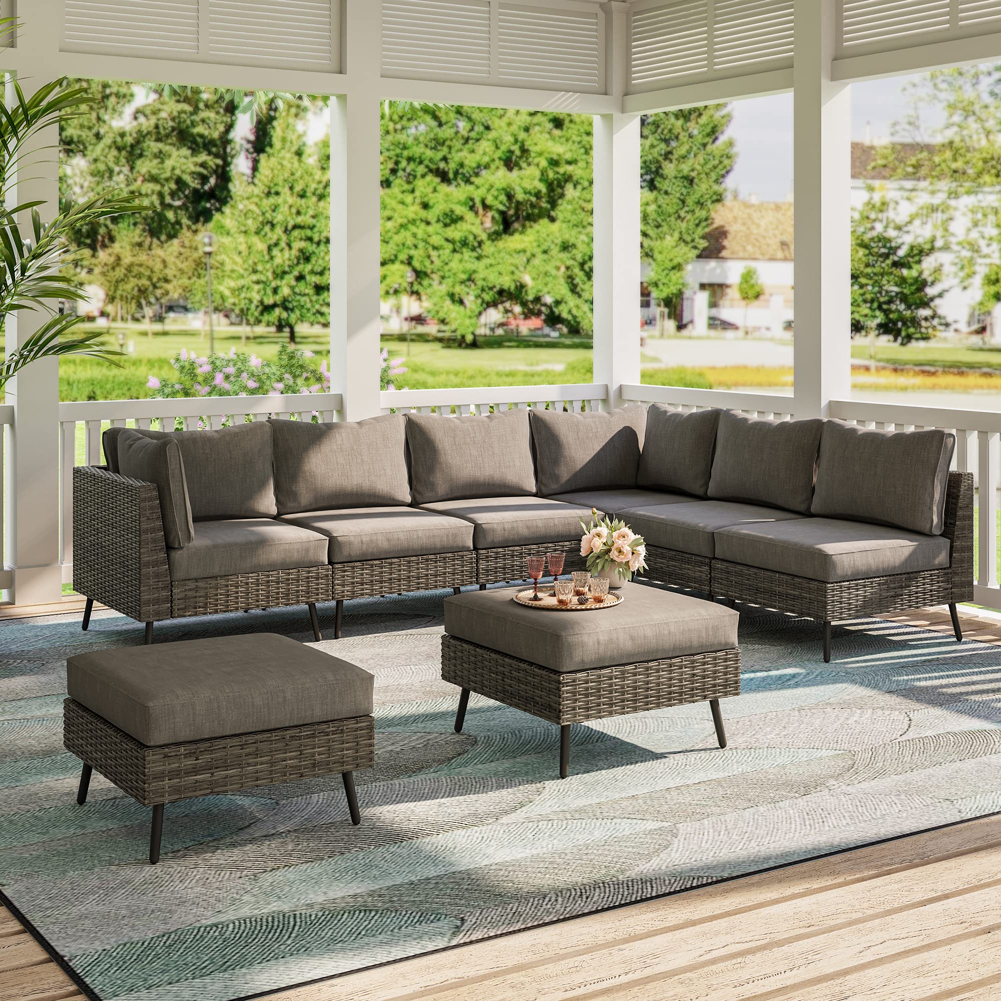 LAUSAINT HOME Outdoor Patio Furniture, 6 Piece Outdoor Sectional Sofa PE Rattan Wicker Patio Conversation Sets, All Weather Patio Furniture Set with Thick Cushions for Garden, Backyard(Beige)