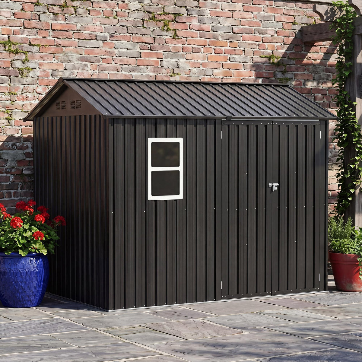LAUSAINT HOME 10 x 3 FT 2-in-1 Metal Outdoor Storage Shed with Hardtop Gazebo, Lockable Galvanized Steel Lean-to Tool Shed with Sloped Roof, Black