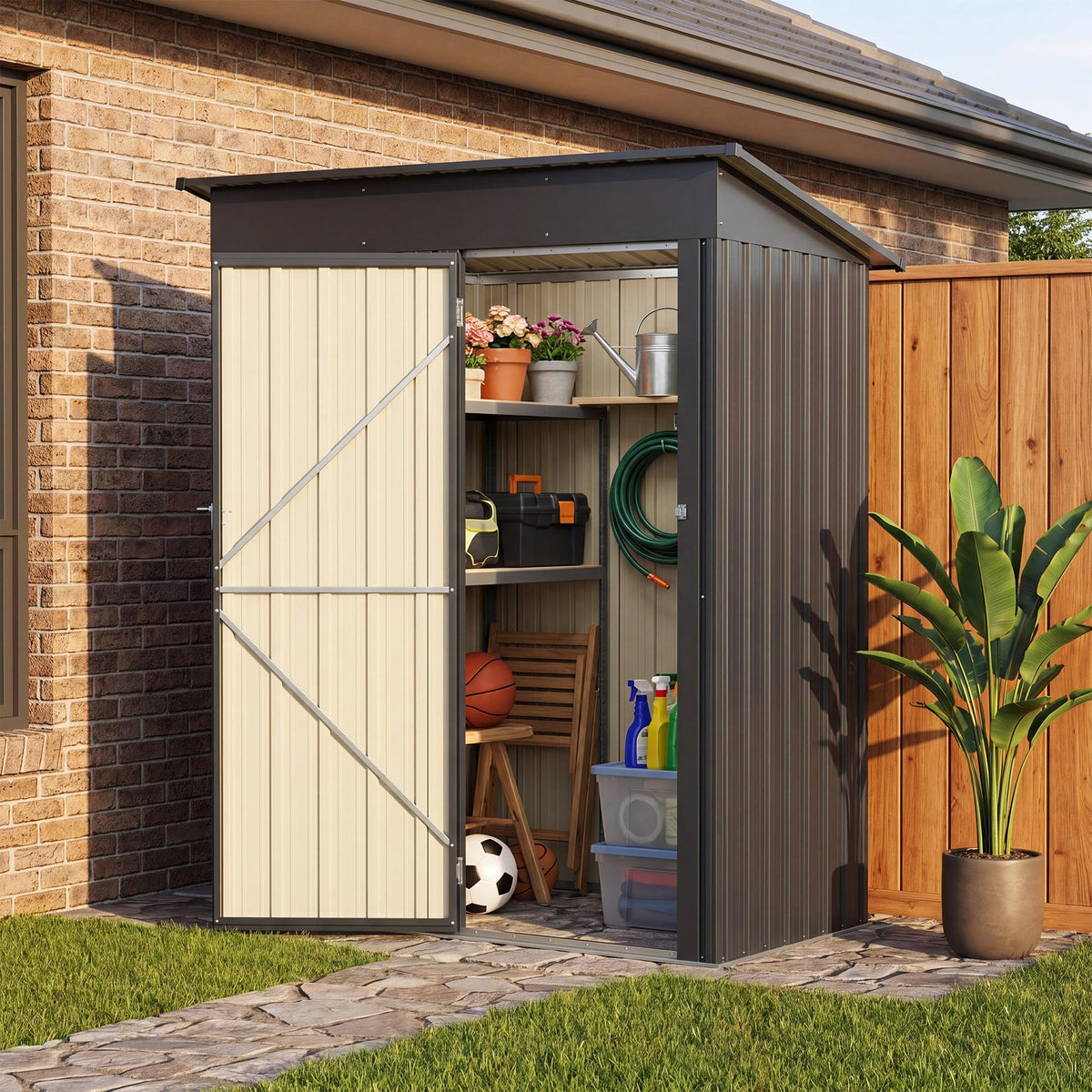 LAUSAINT HOME 10 x 3 FT 2-in-1 Metal Outdoor Storage Shed with Hardtop Gazebo, Lockable Galvanized Steel Lean-to Tool Shed with Sloped Roof, Black
