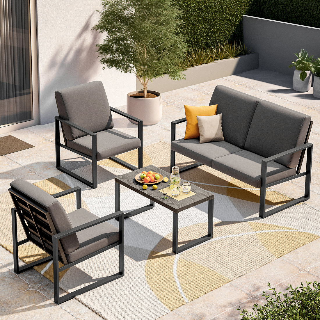 LAUSAINT HOME 4 Pcs Metal Modern Outdoor Conversation Set with 6&