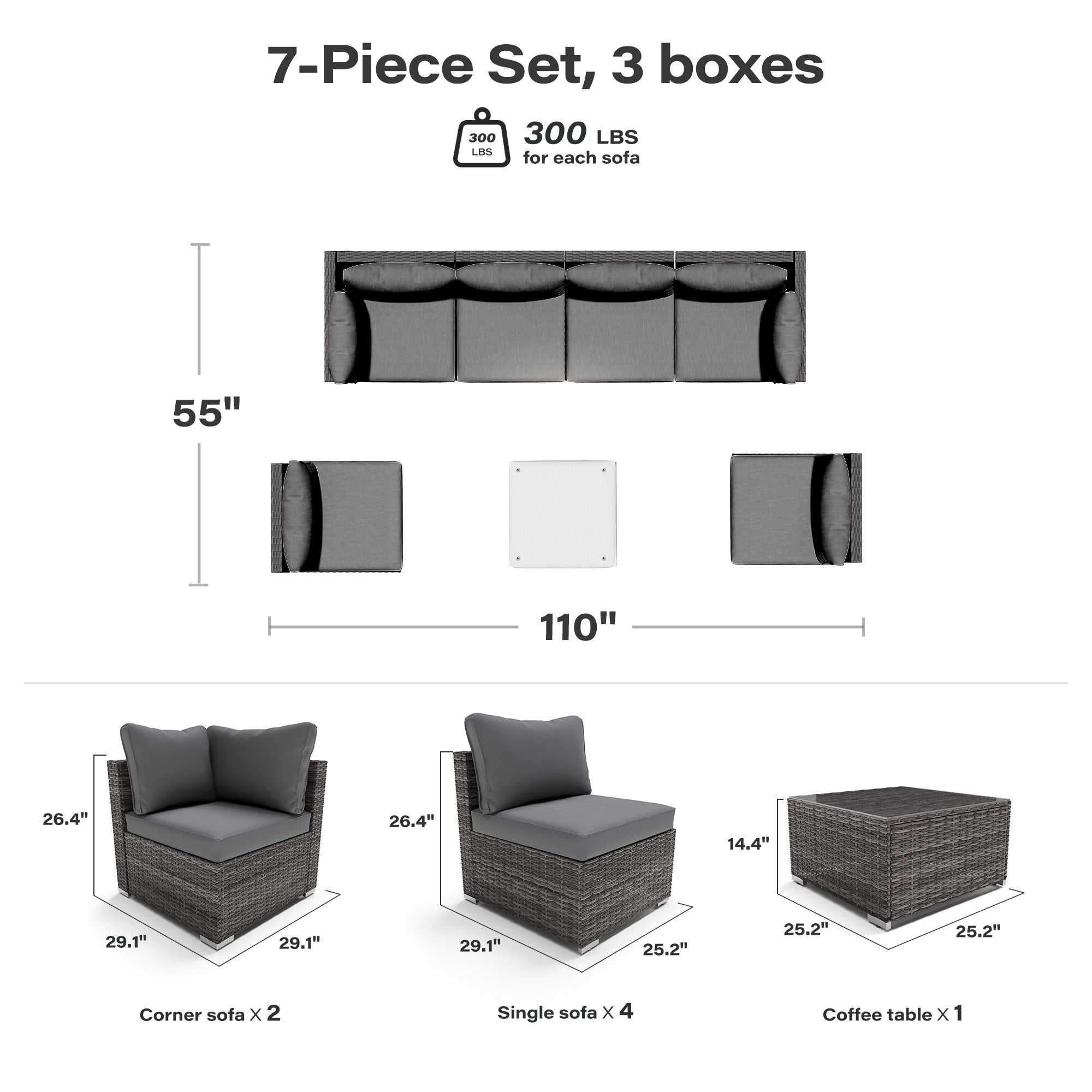 LAUSAINT HOME 7-Piece Wicker Conversation Set with Gray Cushions