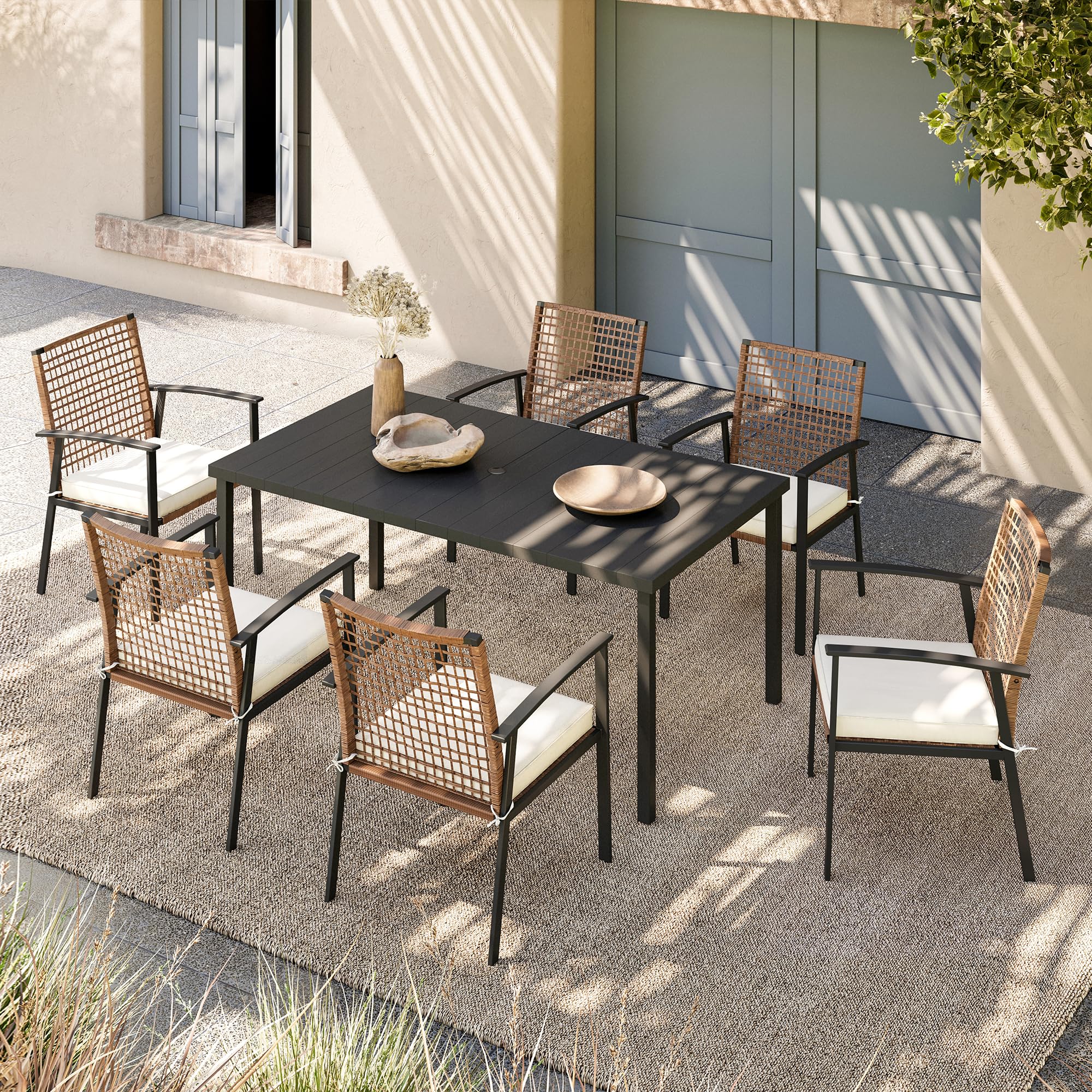 LAUSAINT HOME 7 Pieces Patio Dining Set, Outdoor Furniture Set of 6 Wicker Chairs (2 of Them Swivel) with Soft Cushion and Iron Slats Table Top with Umbrella Hole, Conversation Set for Backyard