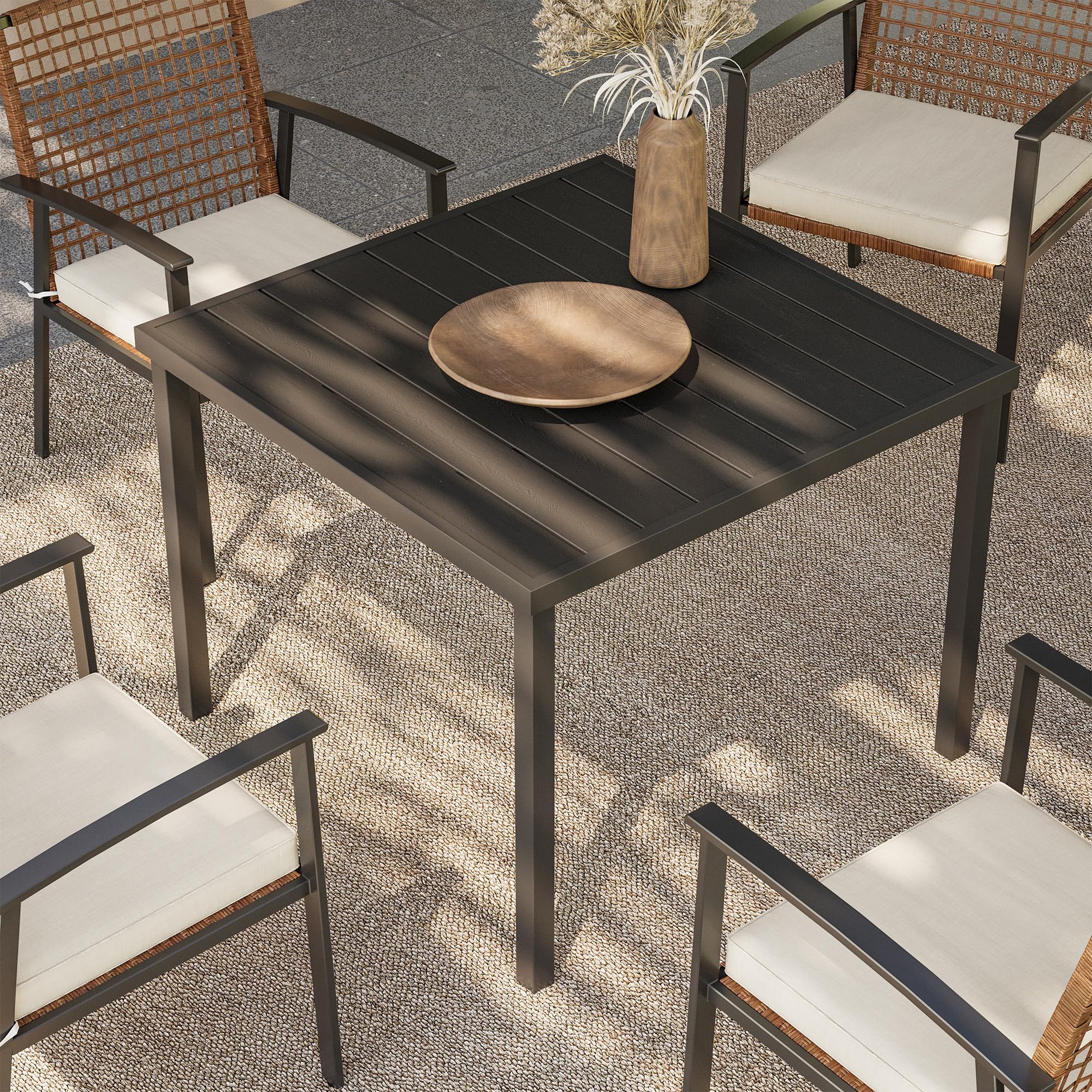 LAUSAINT HOME Outdoor Dining Table with Umbrella Hole, Weather Resistant Heavy Duty Metal Frame Table