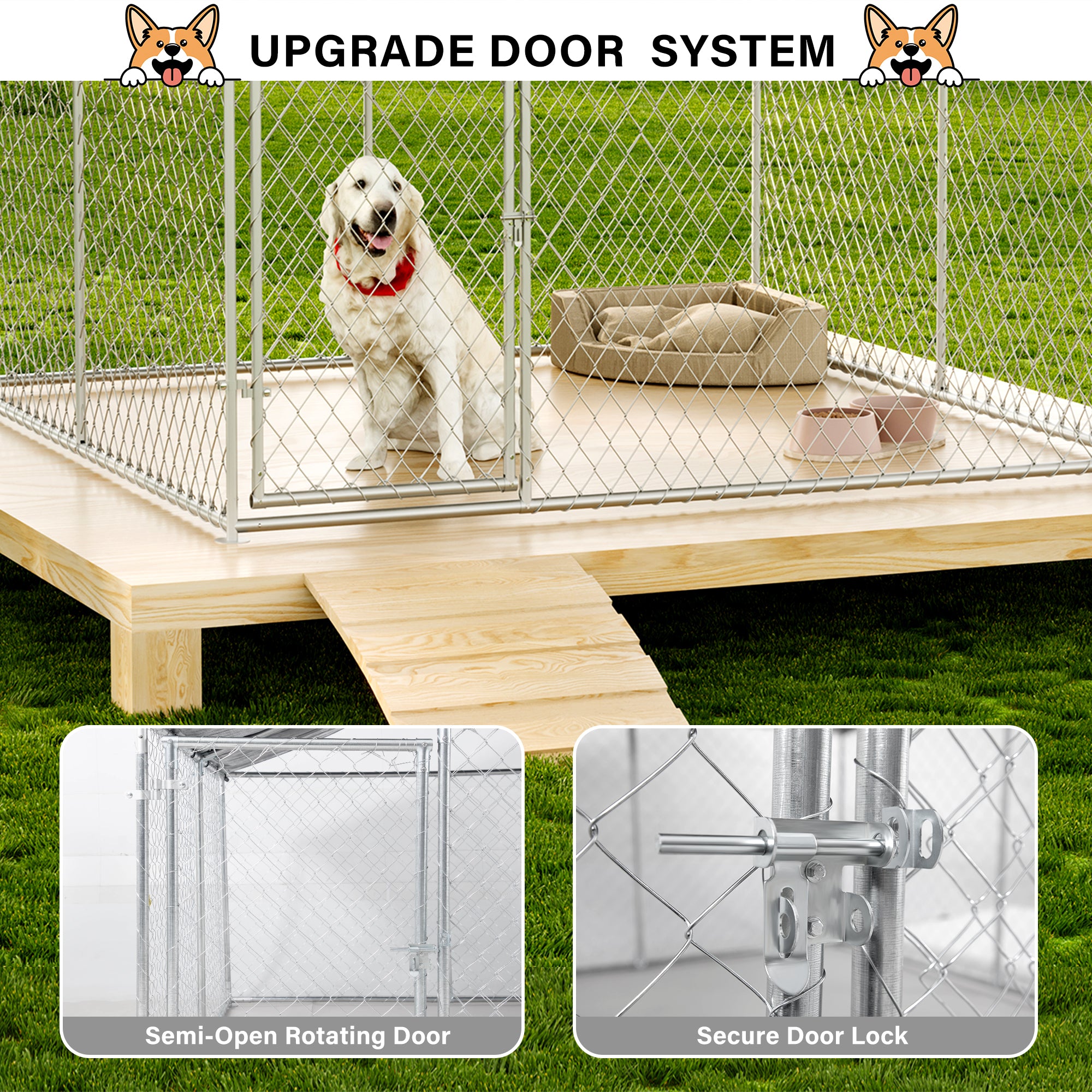 LAUSAINT HOME Large Outdoor Dog Kennel, Galvanized Steel Dog Run Cage Enclosure for Backyard