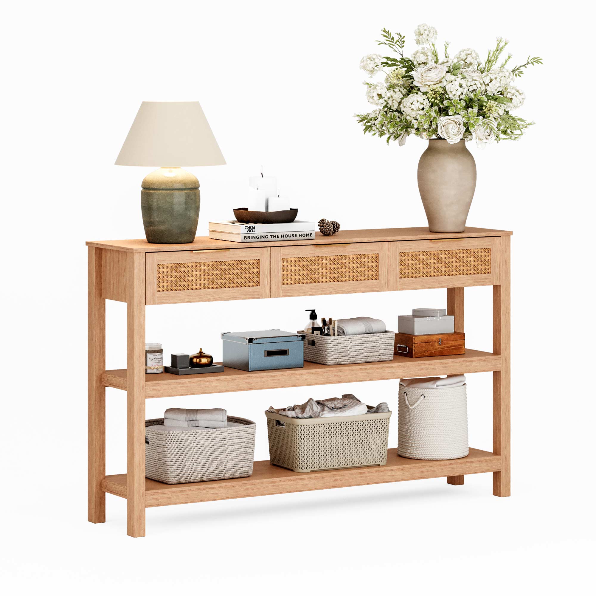 LAUSAINT HOME Narrow Console Table, 51" Entryway Table with 3 Rattan Drawers
