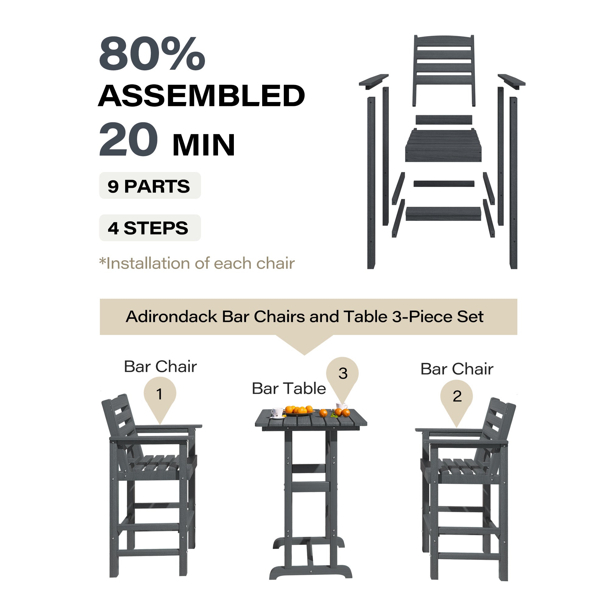 LAUSAINT HOME 3 Pieces HDPE Height Table and Adirondack Chairs Set