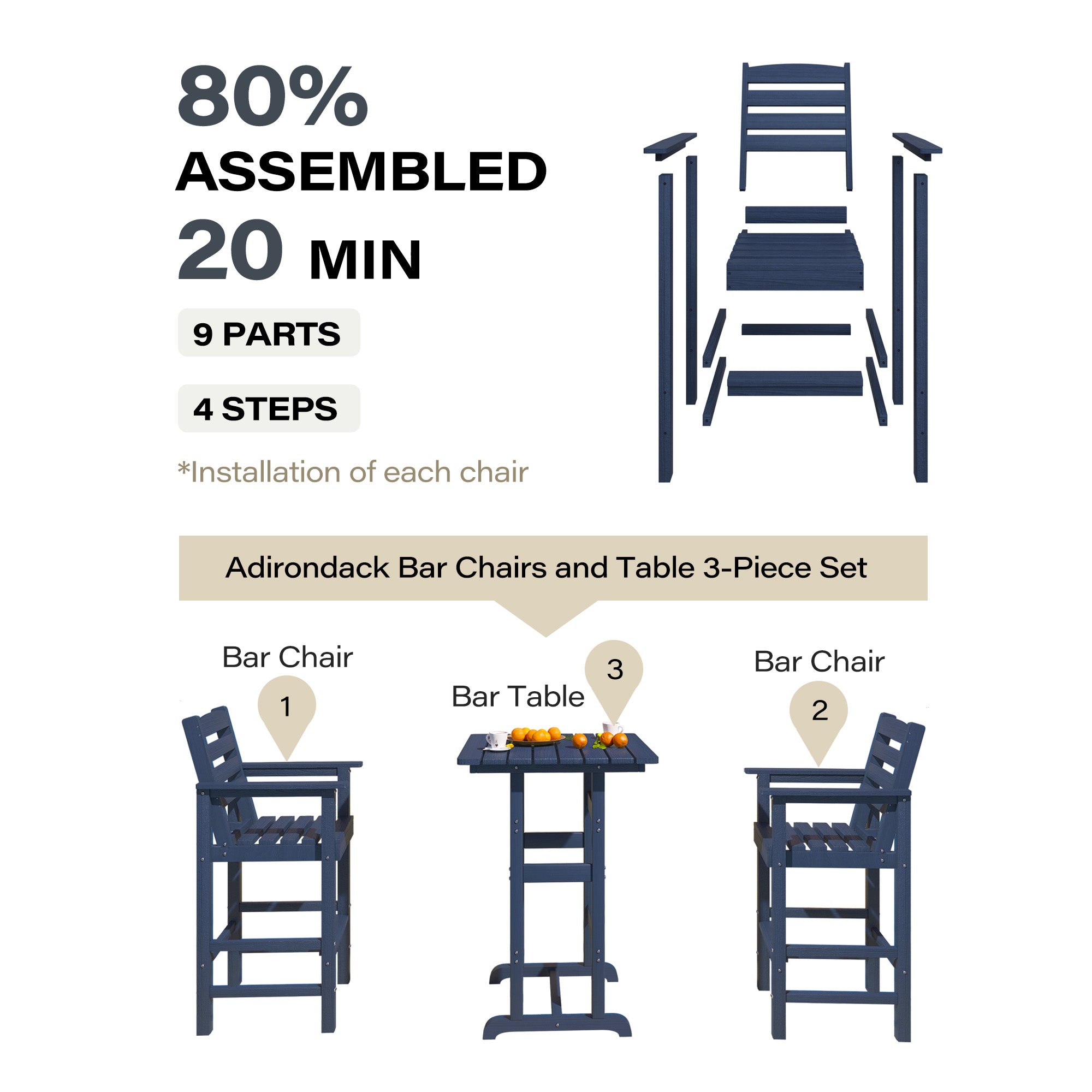 LAUSAINT HOME 3 Pieces Outdoor Balcony Oversize Adirondack HDPE Bar Set