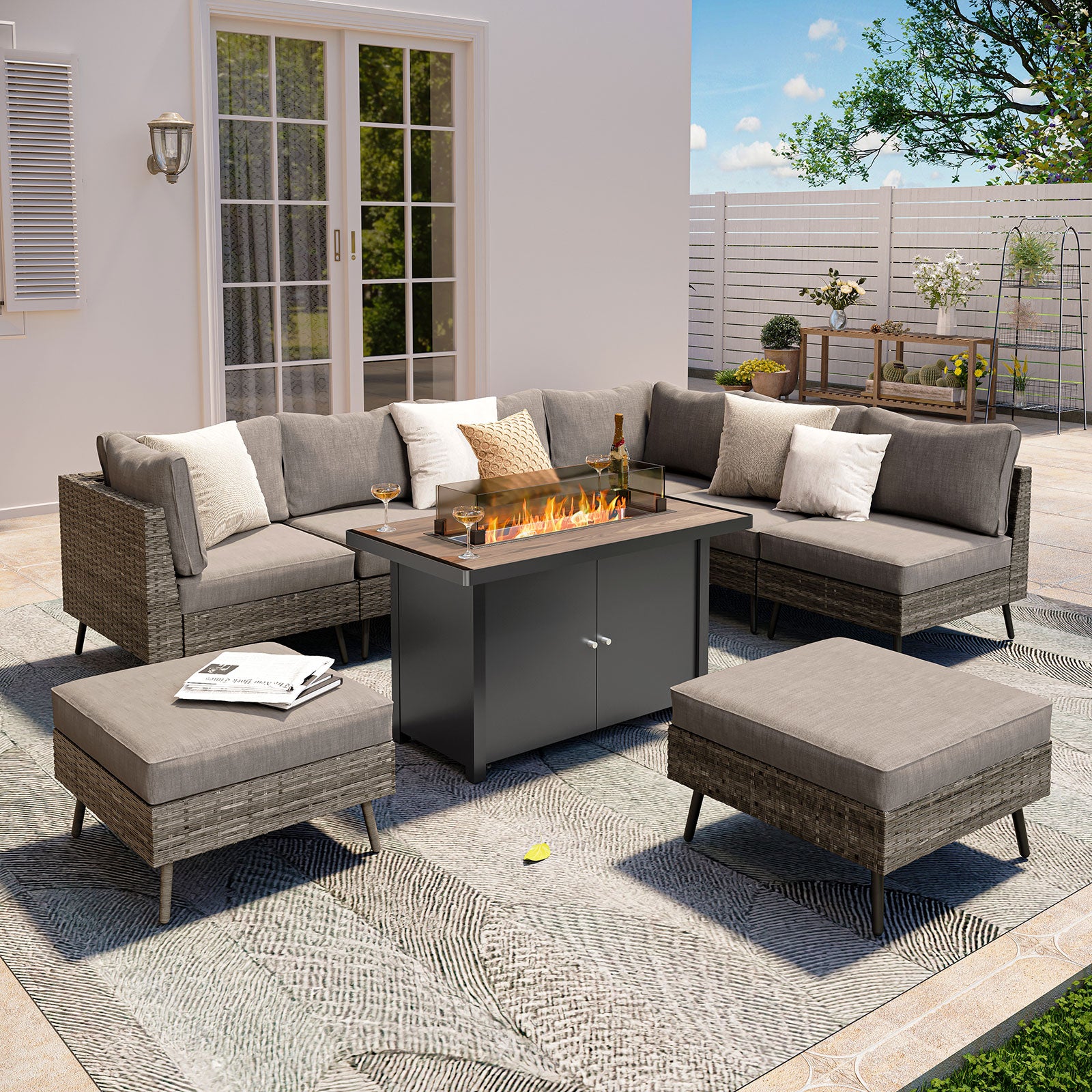 LAUSAINT HOME 8 Pieces Outdoor Patio Furniture Set with 43" Propane Gas Fire Pit Table