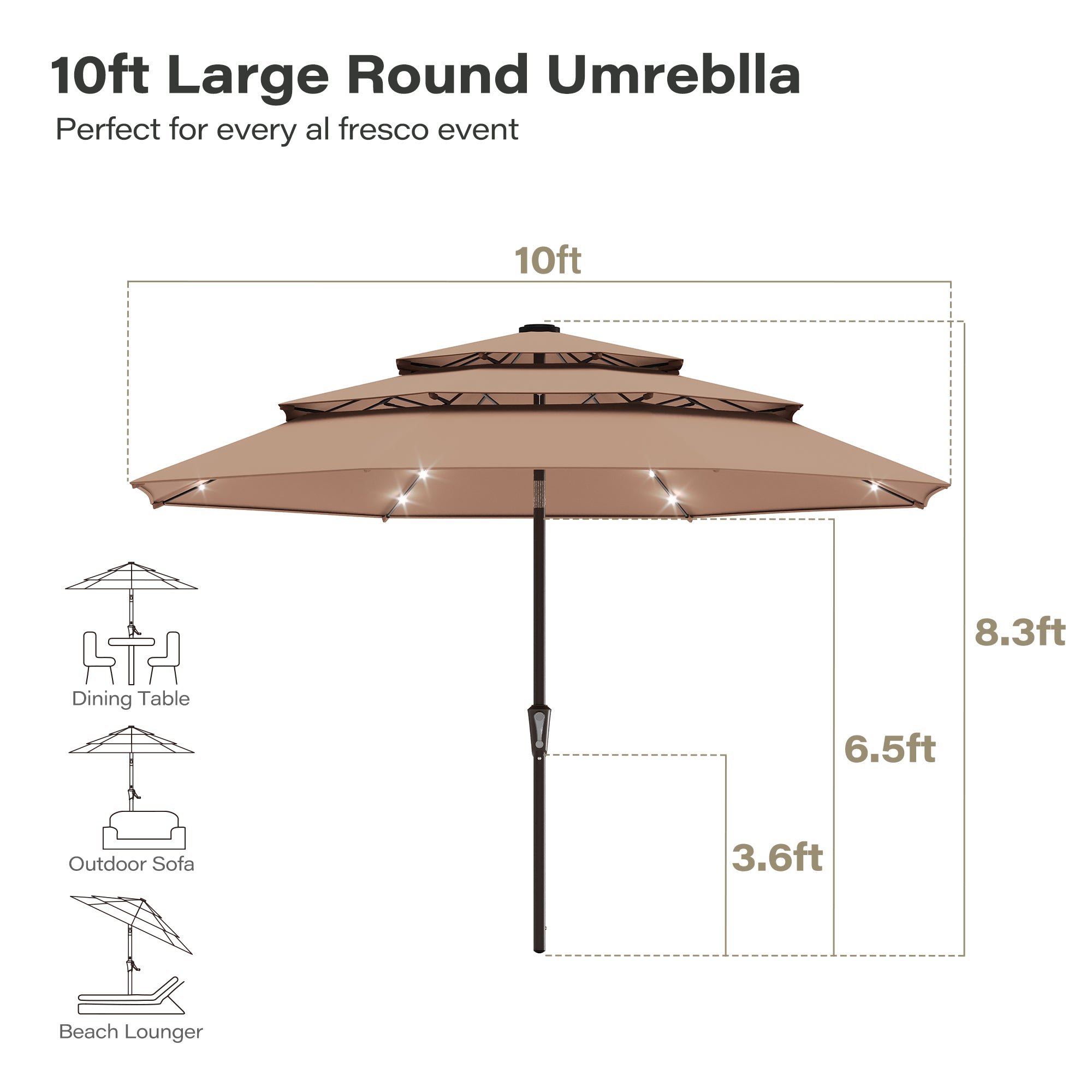 LAUSAINT HOME 10ft Outdoor Umbrella, 3 Tiers Patio Umbrella