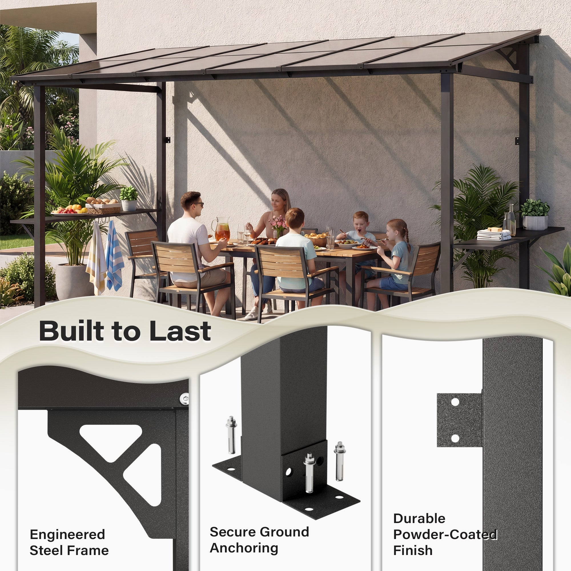 LAUSAINT HOME 12x6 ft Hardtop Grill Gazebo Sloping PC Roof BBQ Patio Metal Gazebo