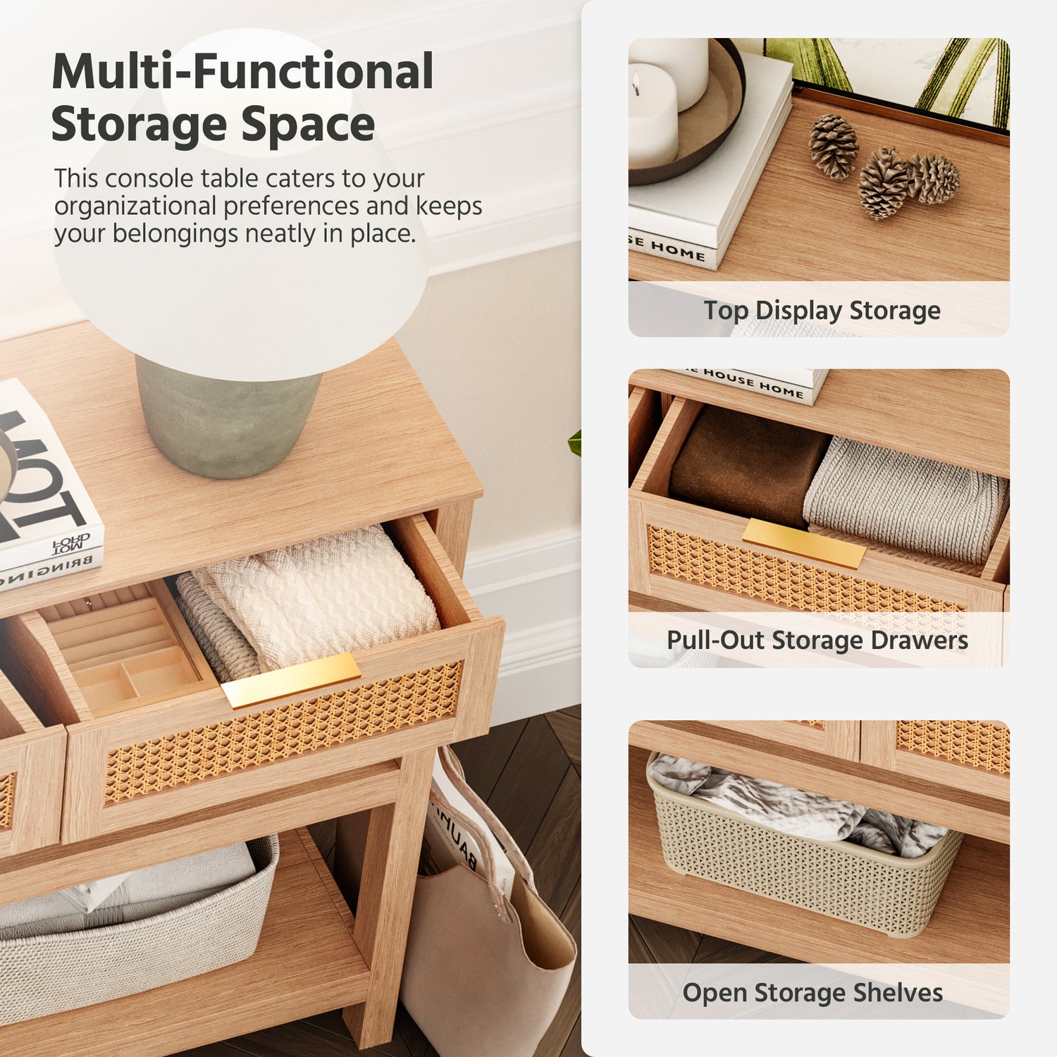 LAUSAINT HOME Narrow Console Table Behind Couch, 51" Entryway Table with 3 Ratten Drawers