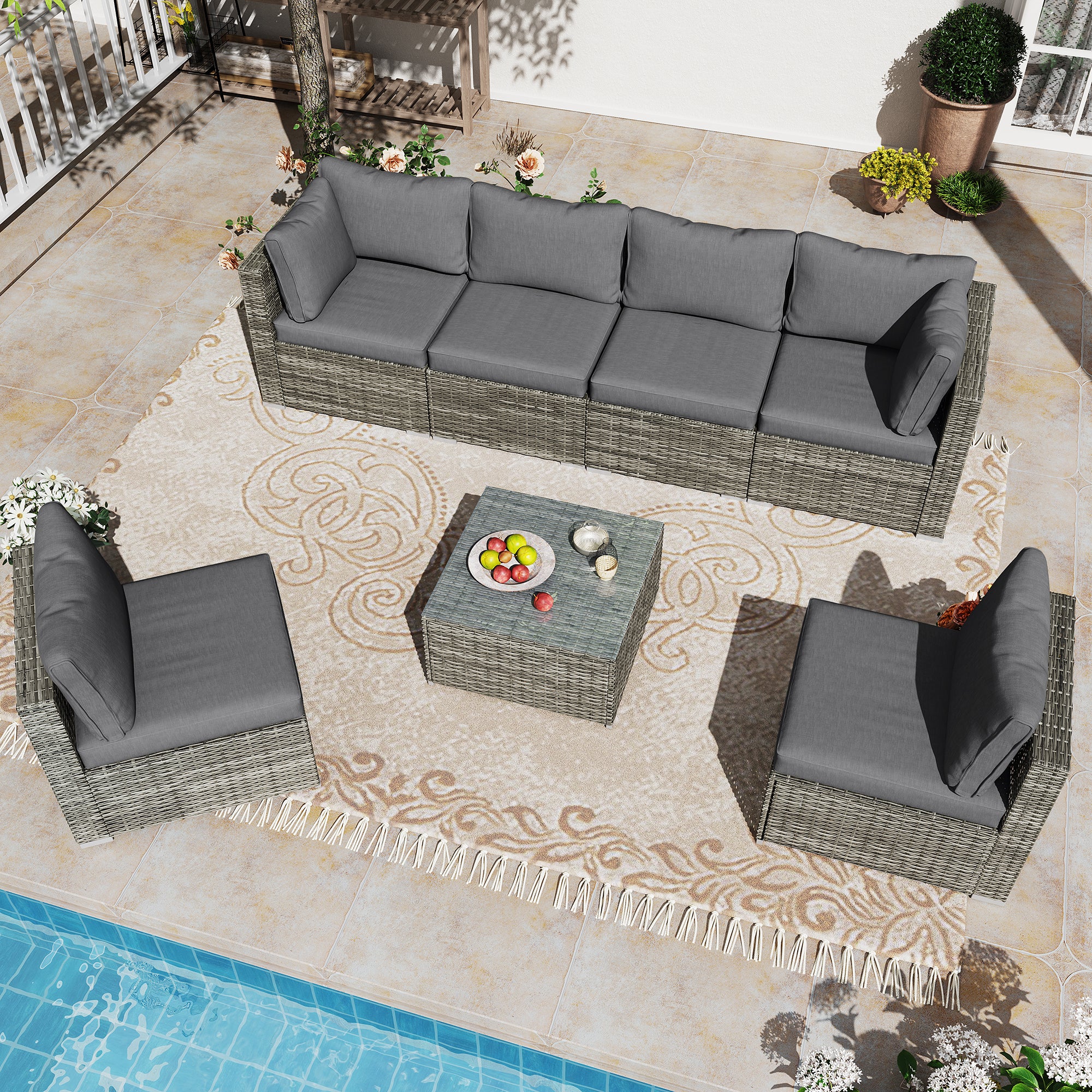 LAUSAINT HOME 7-Piece Wicker Conversation Set with Gray Cushions