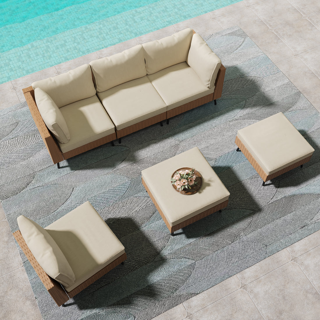 LAUSAINT HOME 6-piece Beige Wicker Conversation Sofa with 64" Gas Fire Pit Table, 55,000 BTU