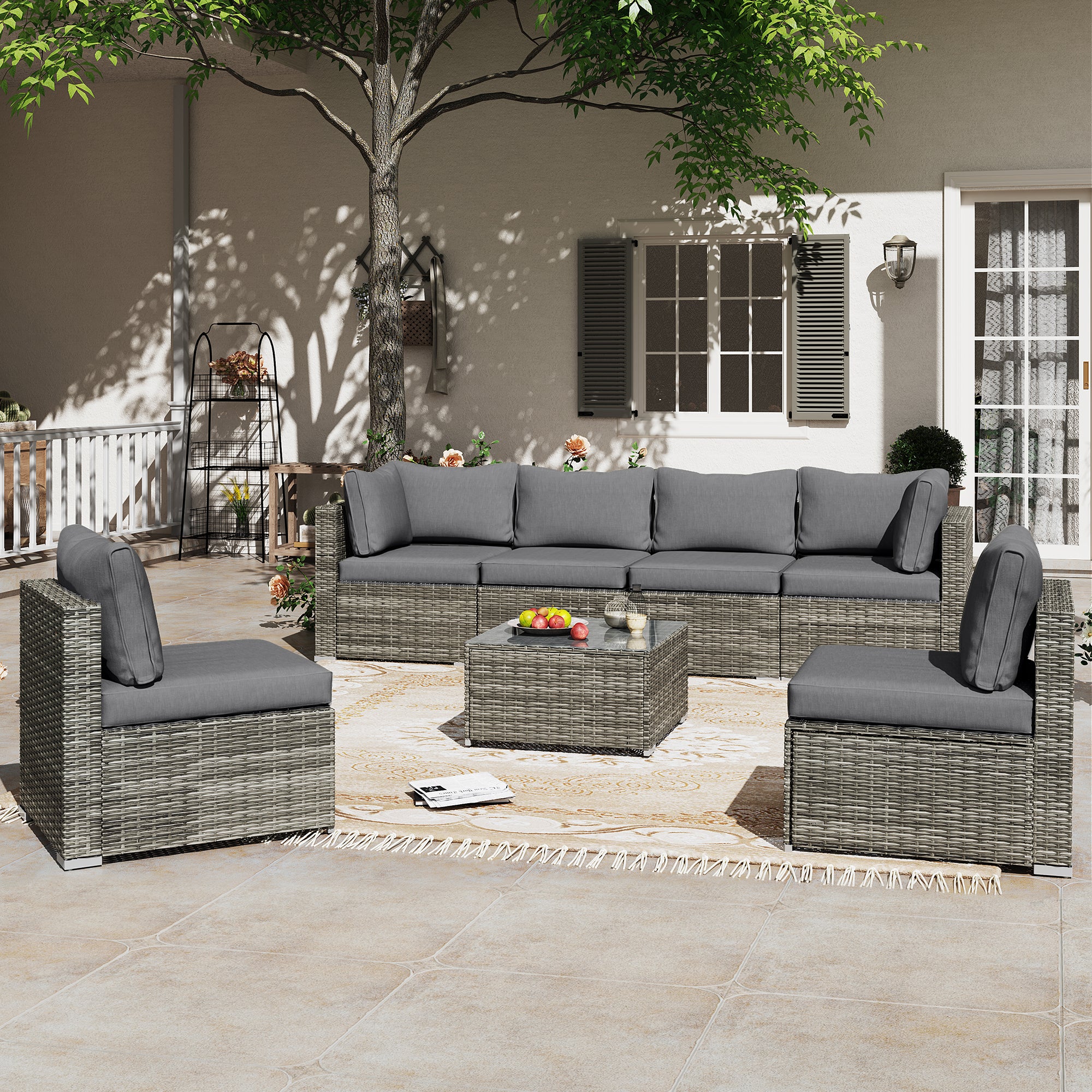 LAUSAINT HOME 7-Piece Wicker Conversation Set with Gray Cushions