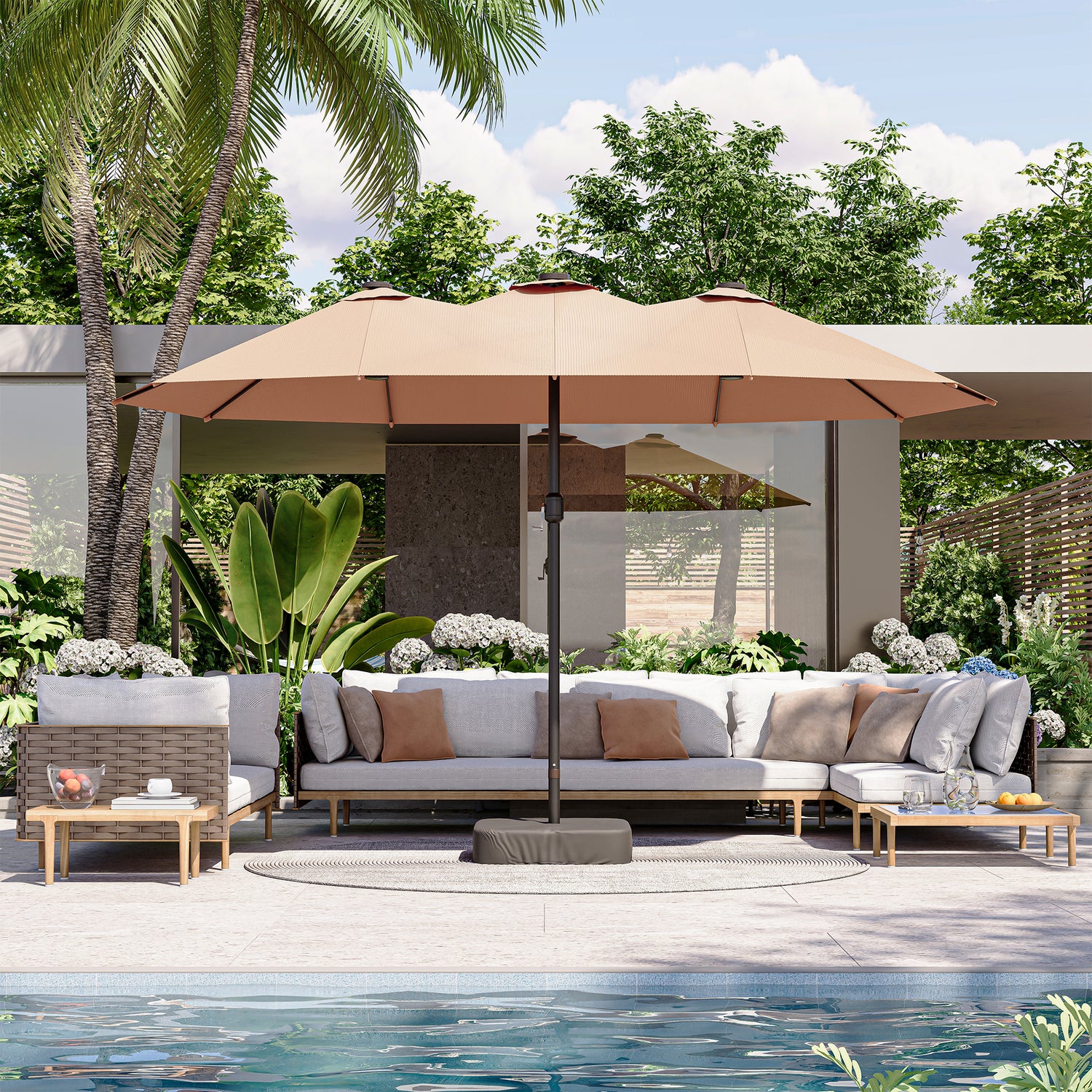 LAUSAINT HOME Large Double-Sided Rectangle Patio Umbrella with LED Light and Base, 13FT/15FT