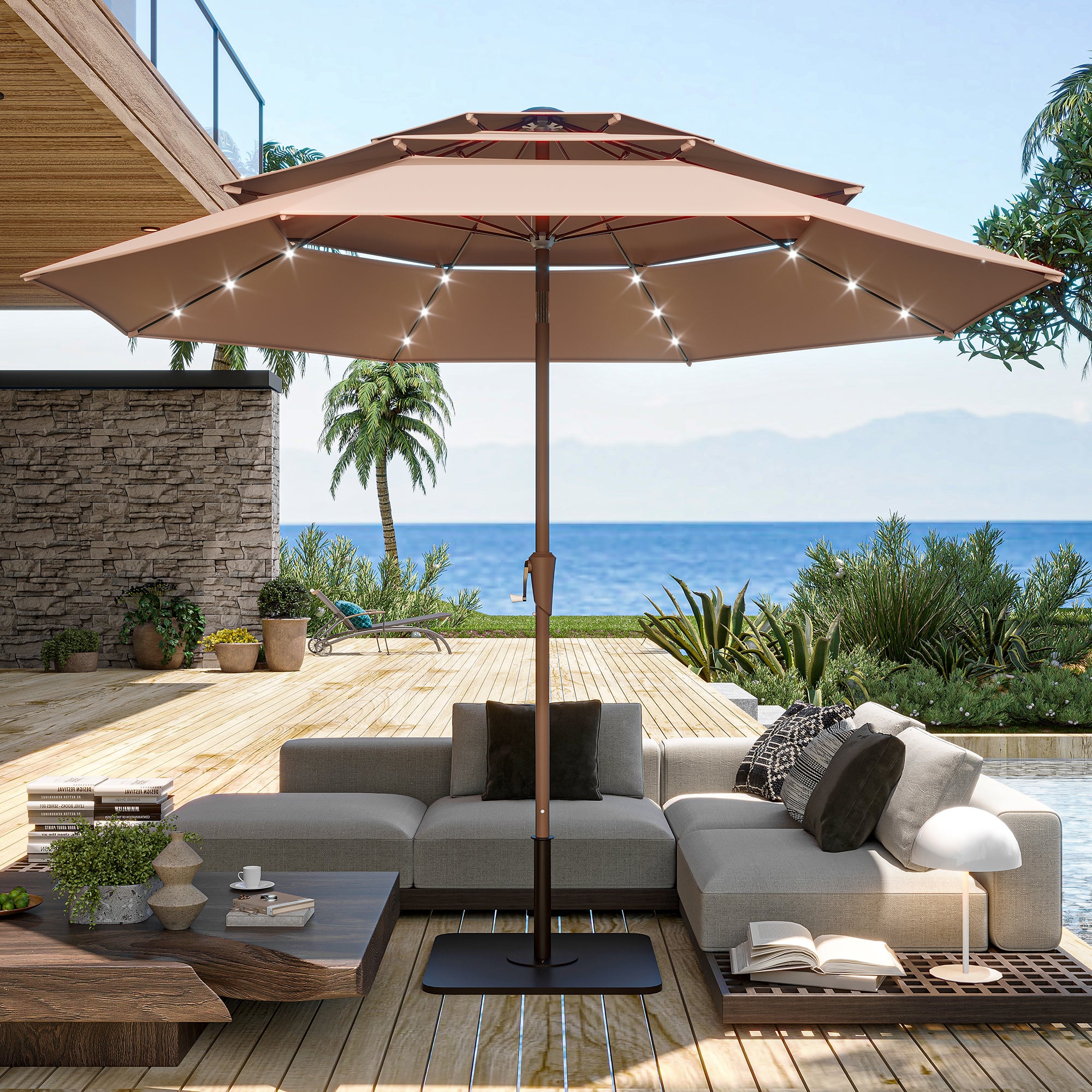 10ft 3 Tier Patio Umbrella with Solar Lights