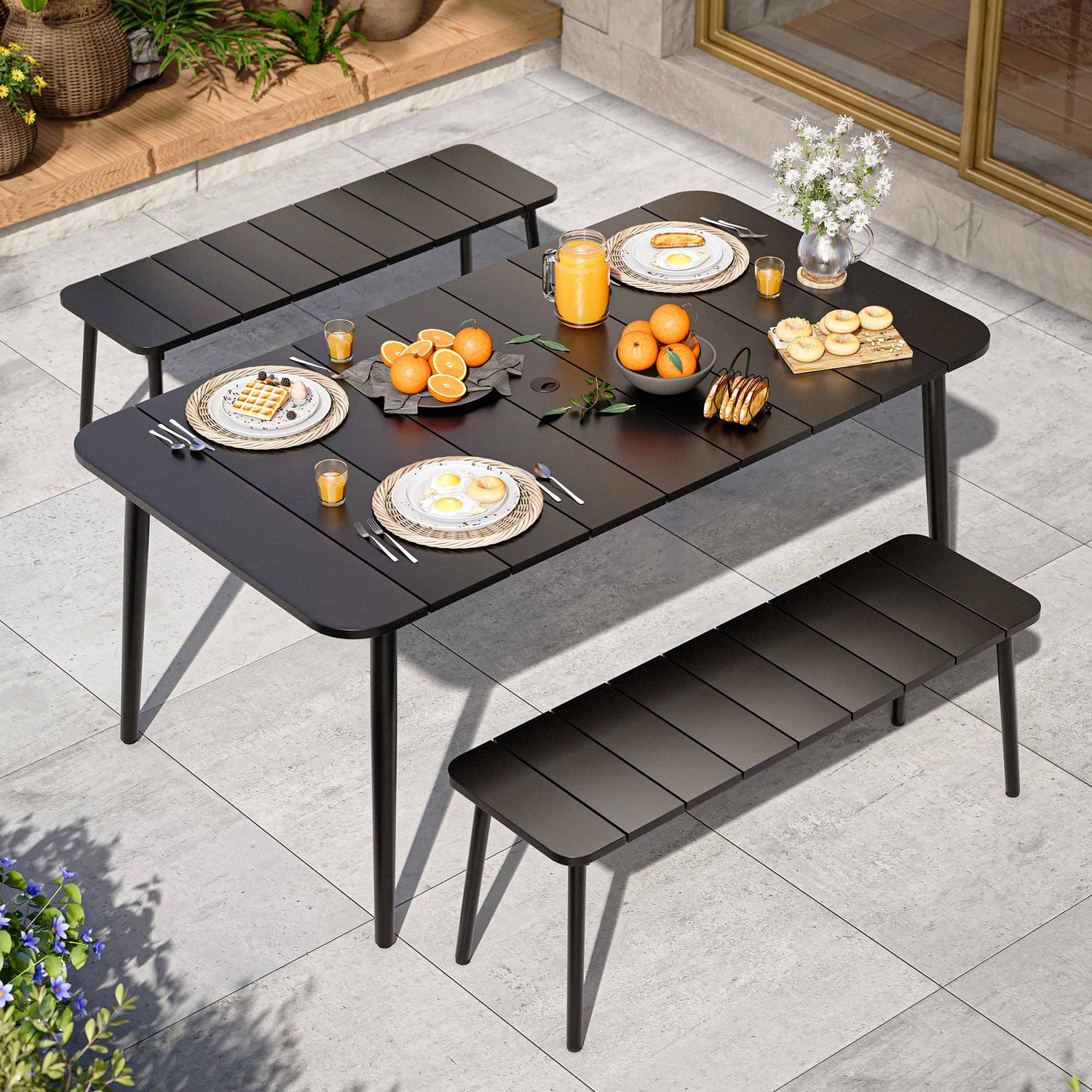 LAUSAINT HOME 3 Pieces Outdoor Patio Dining Set with 2 Benches and Metal Table