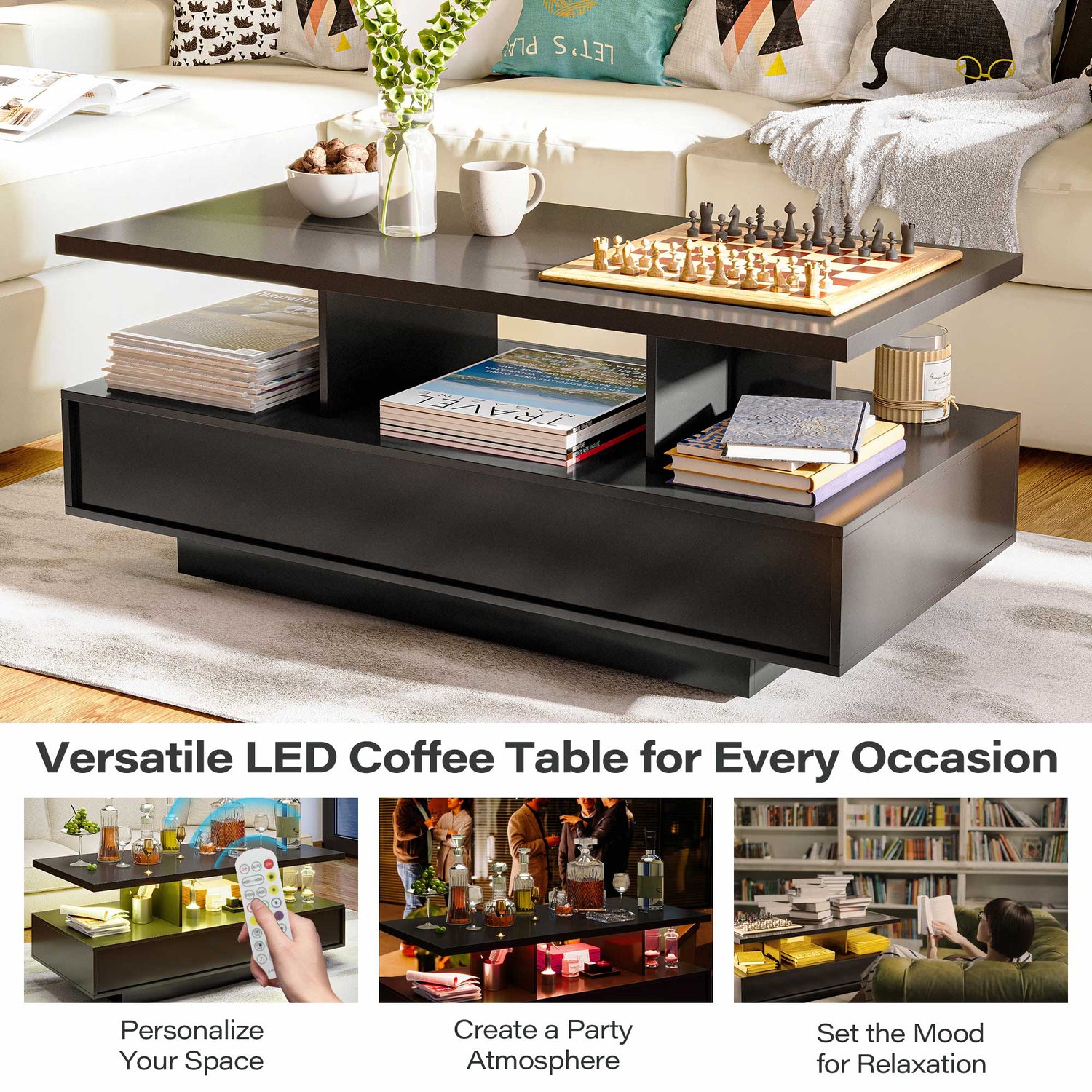 Lausaint Home Indoor Modern LED Coffee Table with Remote &amp; App Control