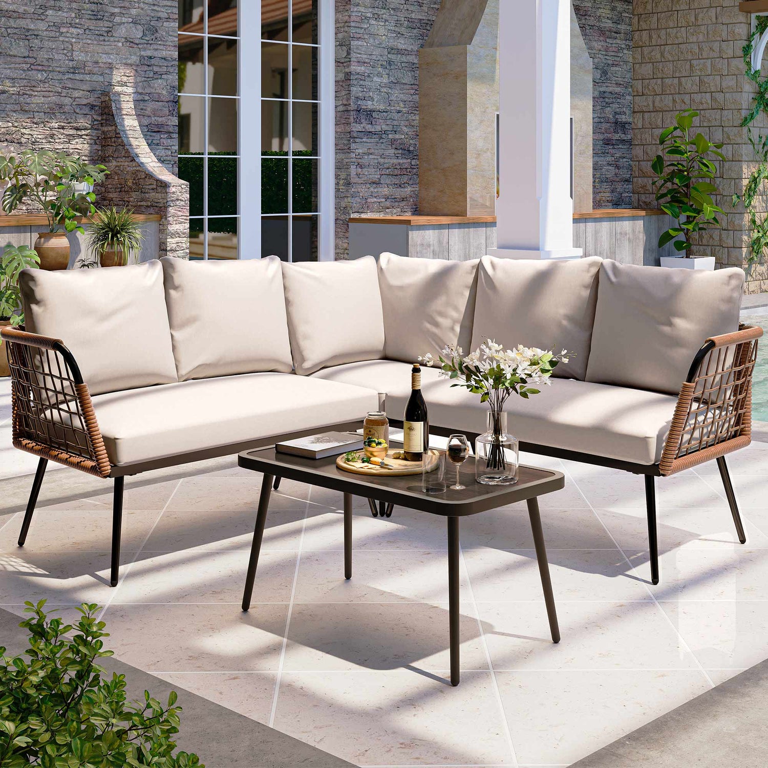 4 Pieces L- Shaped Patio Furniture Set