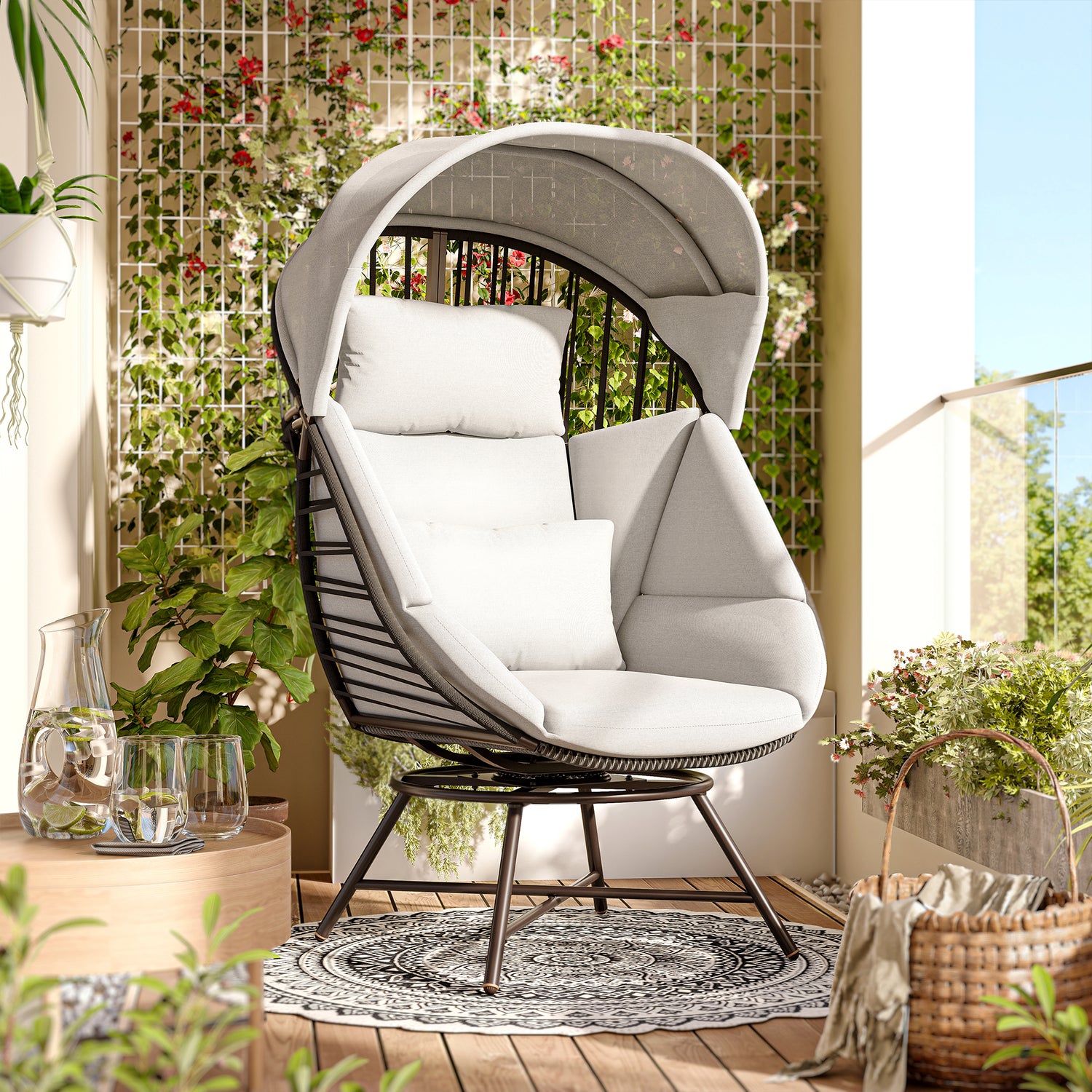 LAUSAINT HOME Oversized 360° Swivel Rattan Egg Chair with Cushion